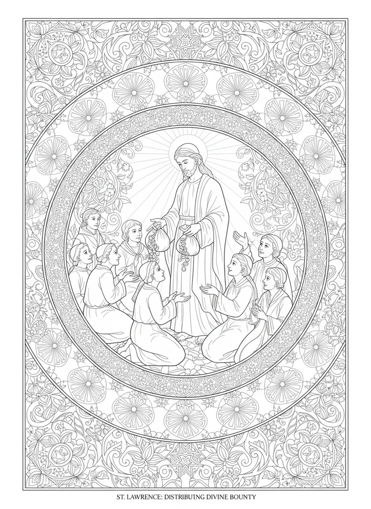 Saint Laurent distribuant de l'or aux pauvres, page à colorier Saint Laurent pour adultes dans un style de journal biblique.