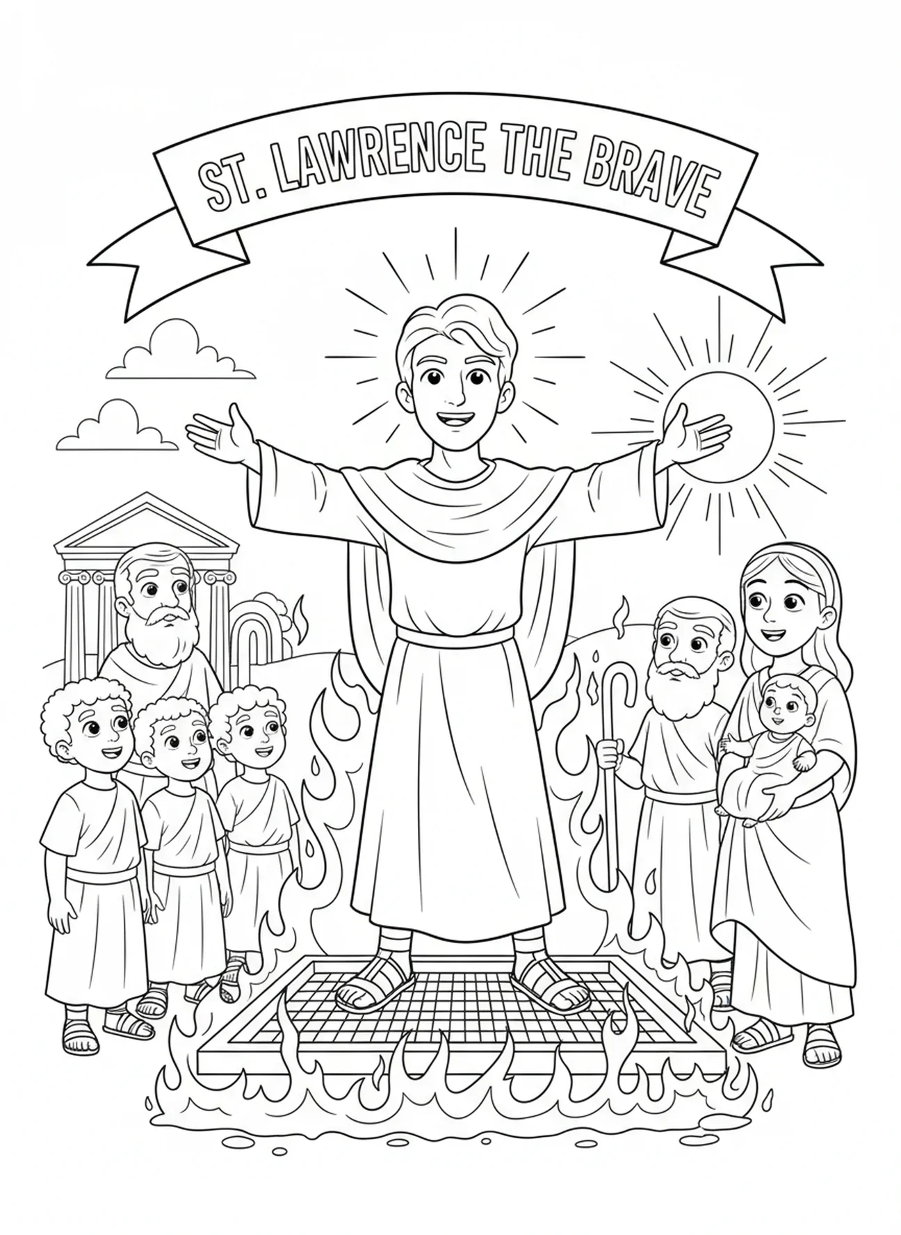 Saint Laurent devenant martyr, page à colorier Saint Laurent pour les enfants de 5 à 10 ans.