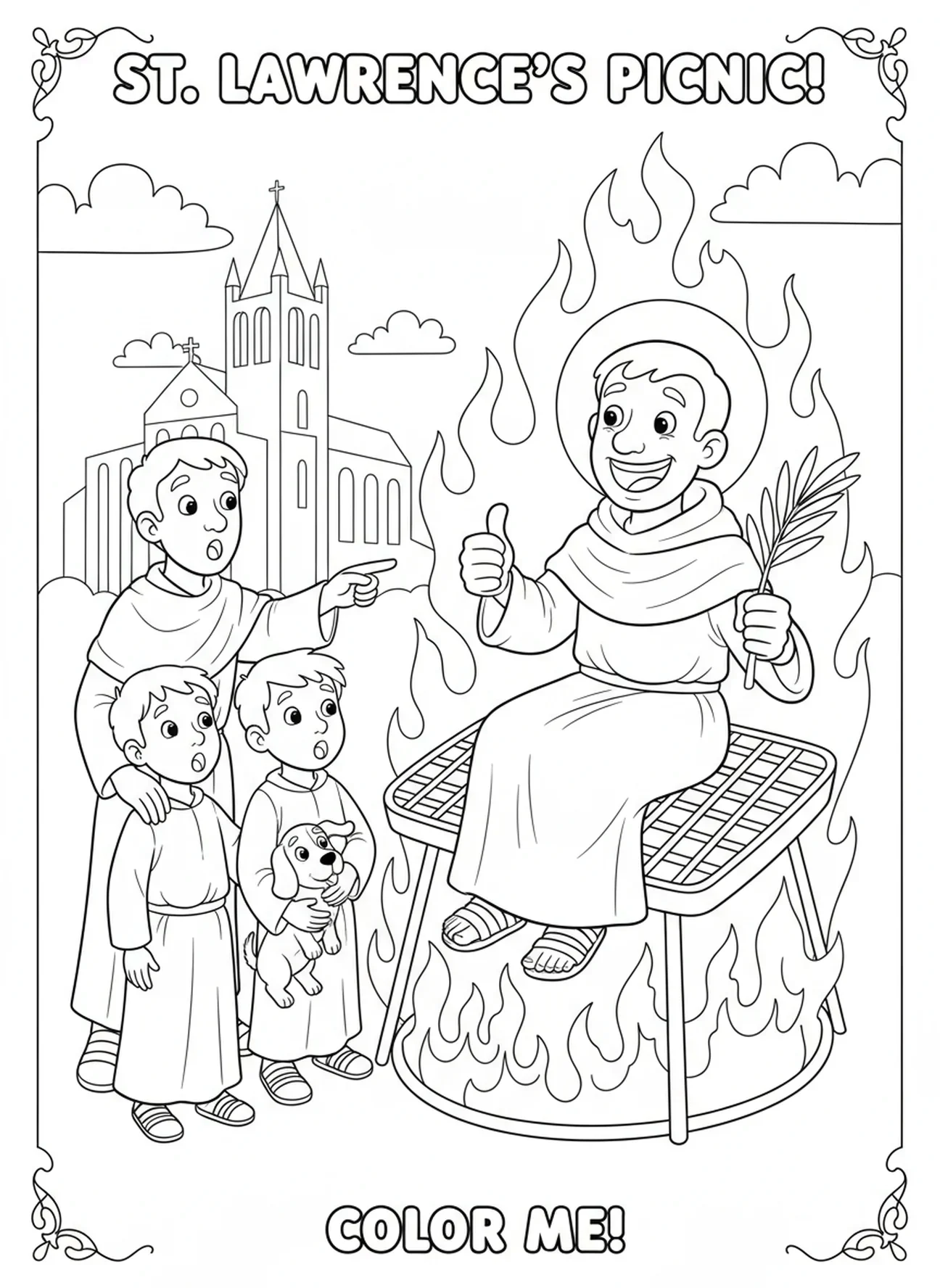 Saint Laurent sur le gril ardent, page à colorier Saint Laurent pour les enfants de 5 à 10 ans.