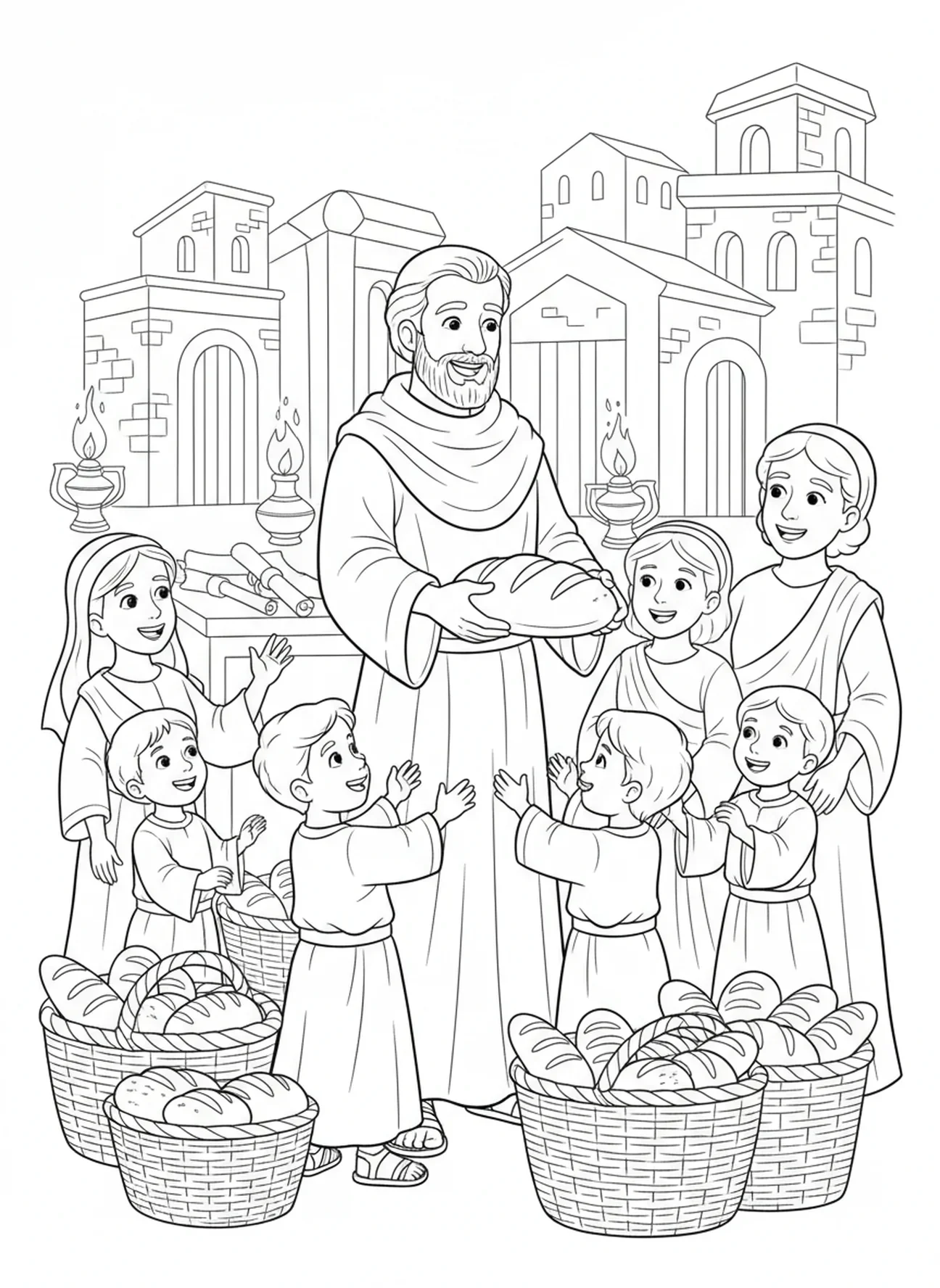 Sint Laurentius deelt voedsel, kleurplaat van Sint Laurentius voor Zondagsschoolkinderen van 5-12 jaar.
