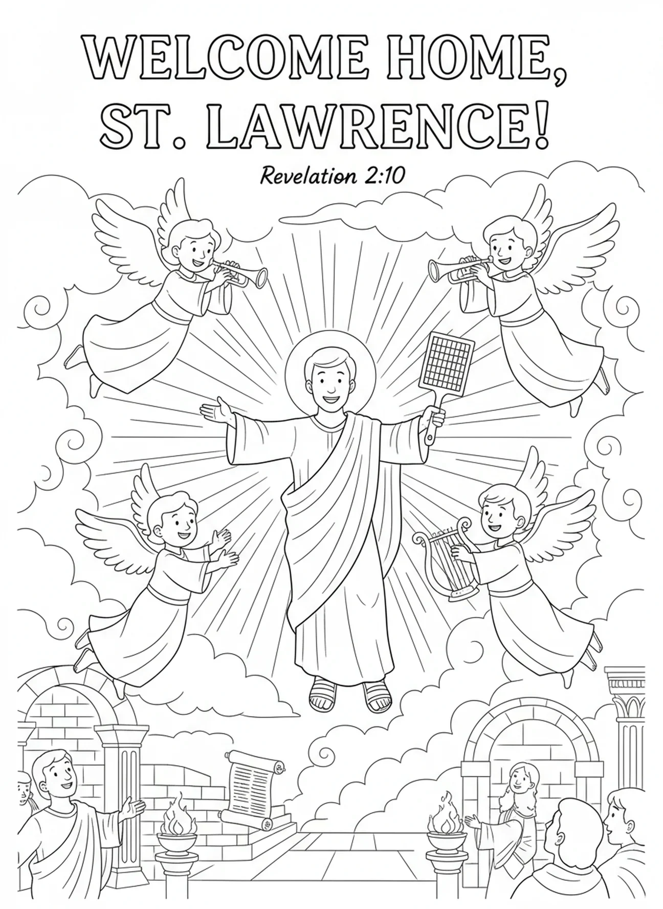 St. Laurentius verwelkomd door engelen, kleurplaat van St. Laurentius voor Zondagsschoolkinderen van 5-12 jaar.