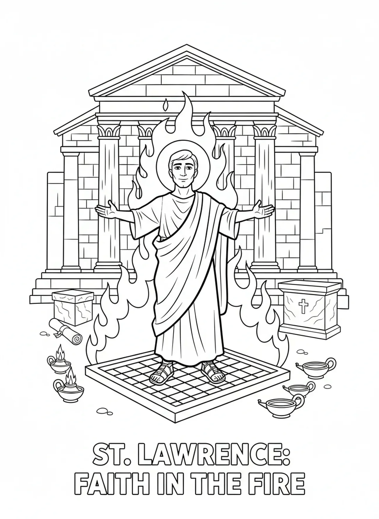 Sint Laurentius op het martelaarsrooster, kleurplaat van Sint Laurentius voor Zondagsschoolkinderen van 5-12 jaar.