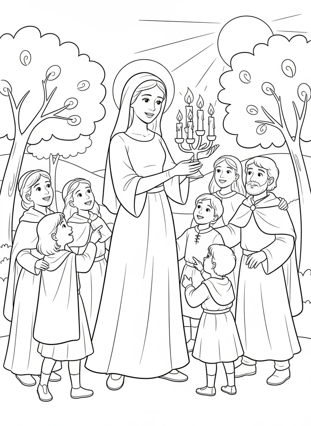 Sainte Lucie réconfortant des personnes, page à colorier Sainte Lucie Lumière pour enfants de 5 à 10 ans