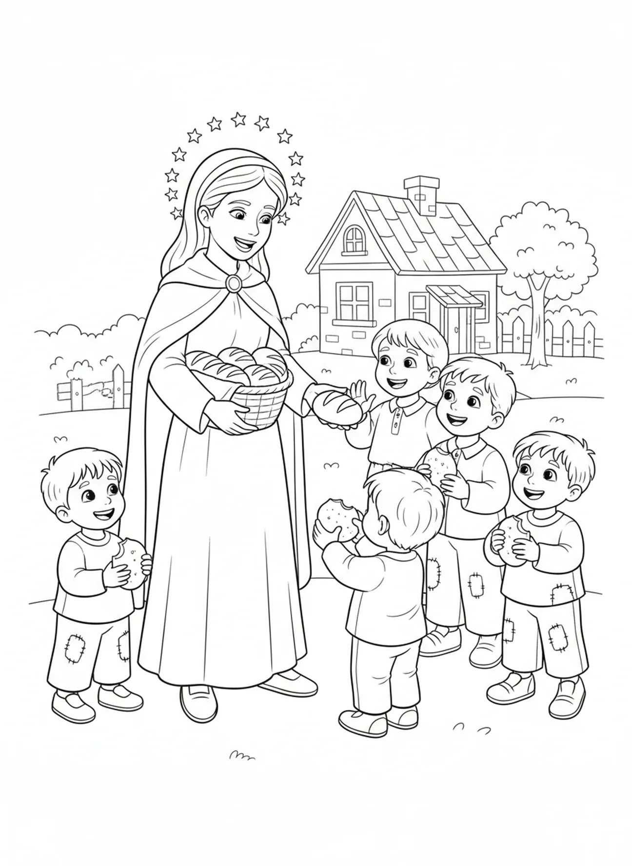 Sainte Lucie partageant du pain, page à colorier de Sainte Lucie Lumière pour les enfants de 5 à 10 ans