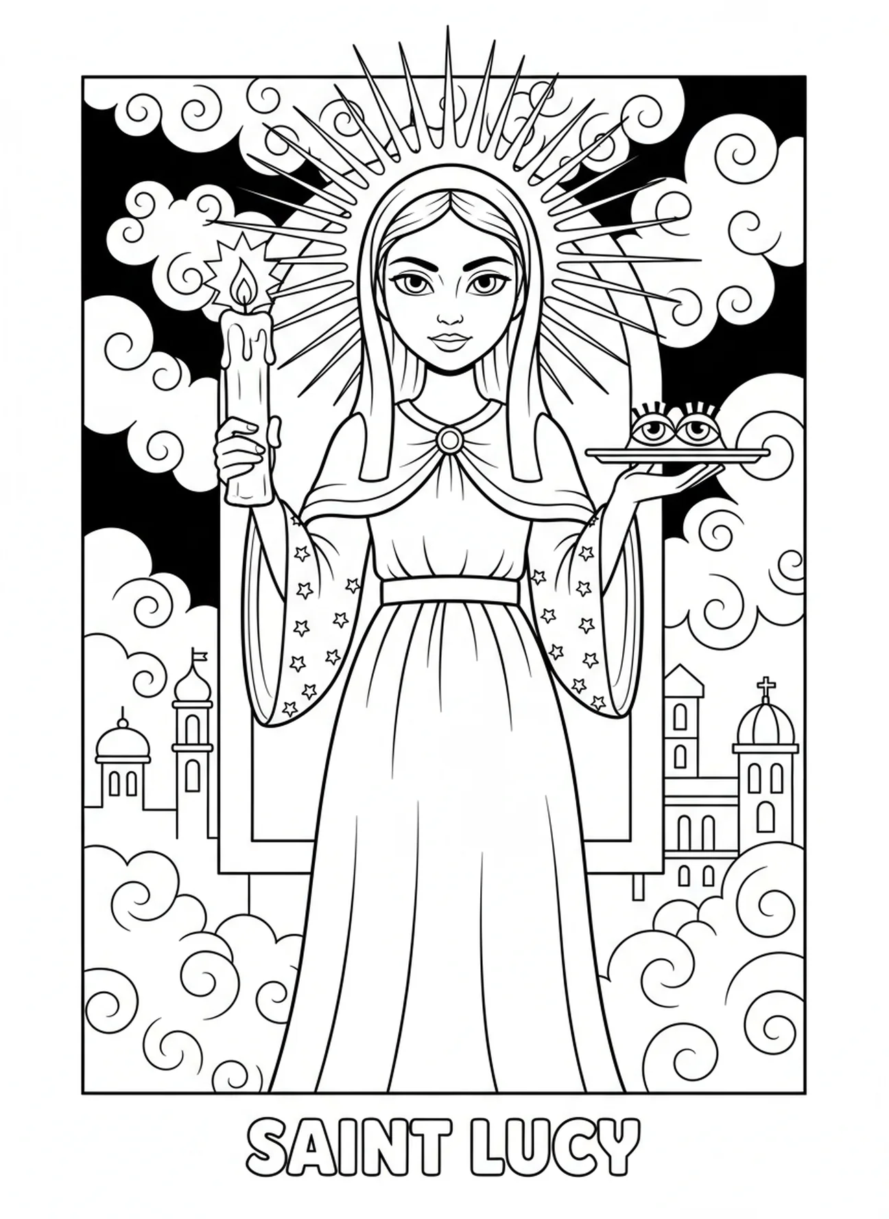 Sainte Lucie se tenant droite, page à colorier de Sainte Lucie Lumière pour les enfants de 5 à 10 ans