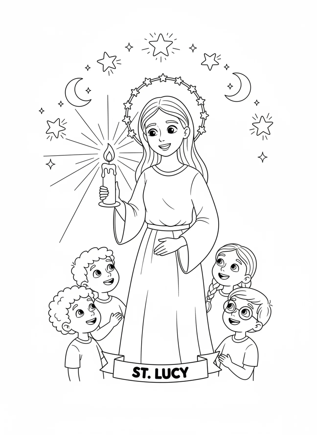 Sainte Lucie tenant une bougie, page à colorier de Sainte Lucie Lumière pour les enfants de 5 à 10 ans