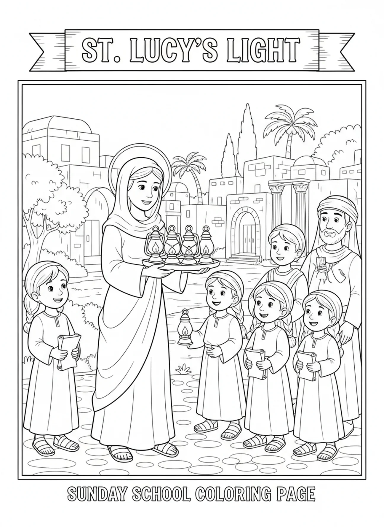 Sainte Lucie distribuant des lampes à huile aux villageois, page à colorier Sainte Lucie Lumière pour les enfants de l'École du dimanche âgés de 5 à 12 ans.