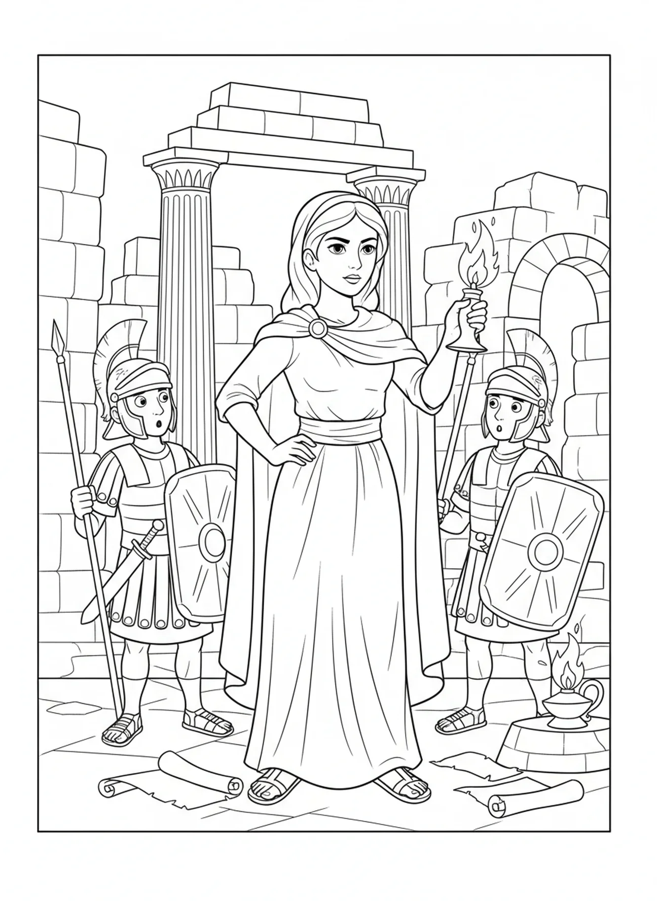 Sainte Lucie devant des soldats, page à colorier de Sainte Lucie Lumière pour les enfants de l'École du dimanche âgés de 5 à 12 ans.