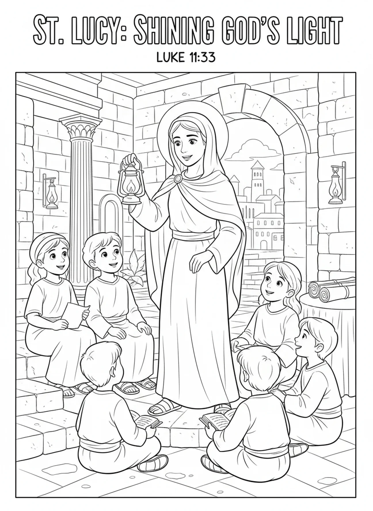 Sainte Lucie encourageant les enfants, page à colorier Sainte Lucie Lumière pour les enfants de l'École du dimanche âgés de 5 à 12 ans.