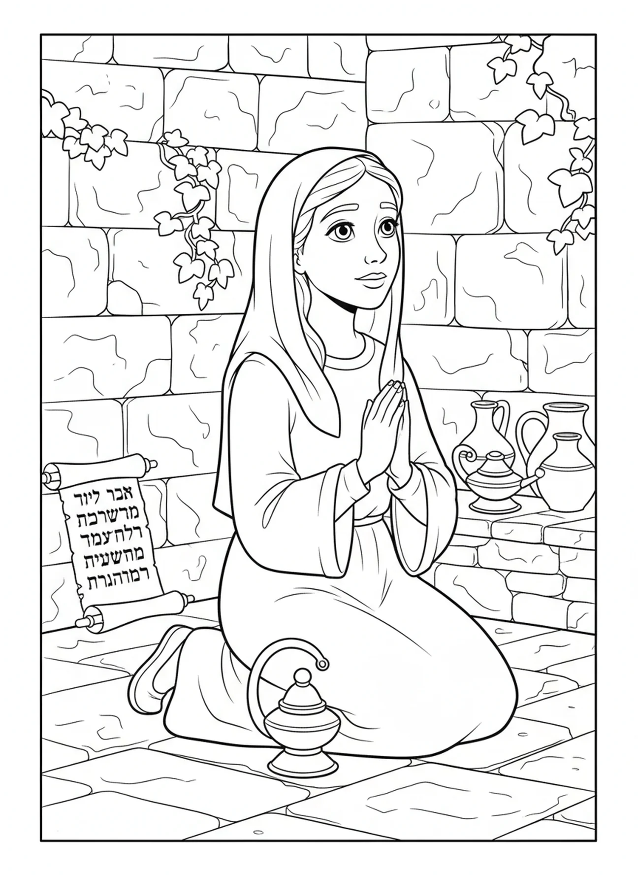 Sainte Lucie en prière, page à colorier de Sainte Lucie Lumière pour les enfants de l'École du dimanche âgés de 5 à 12 ans.
