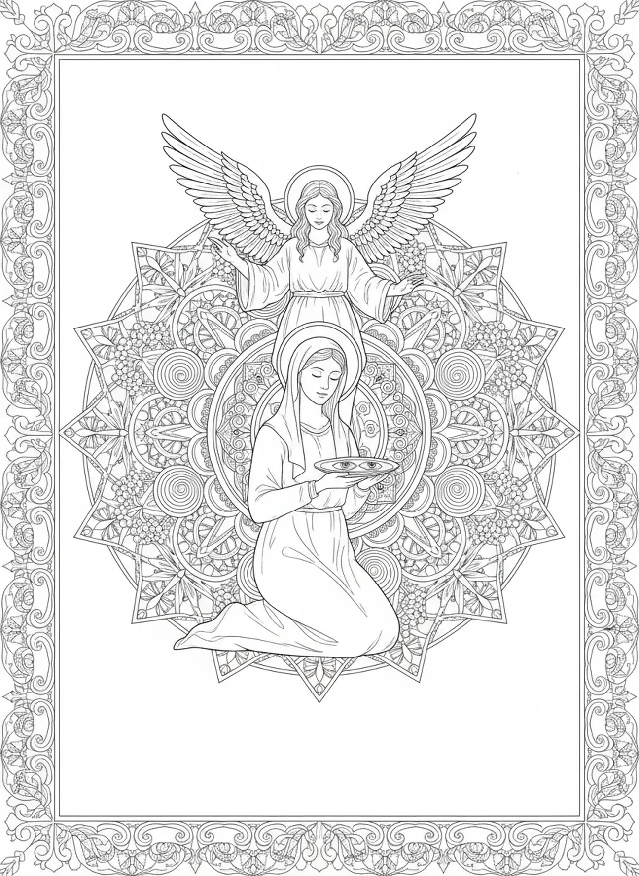 Sainte Lucie avec une figure angélique, page à colorier Sainte Lucie pour adultes dans un style de journal biblique