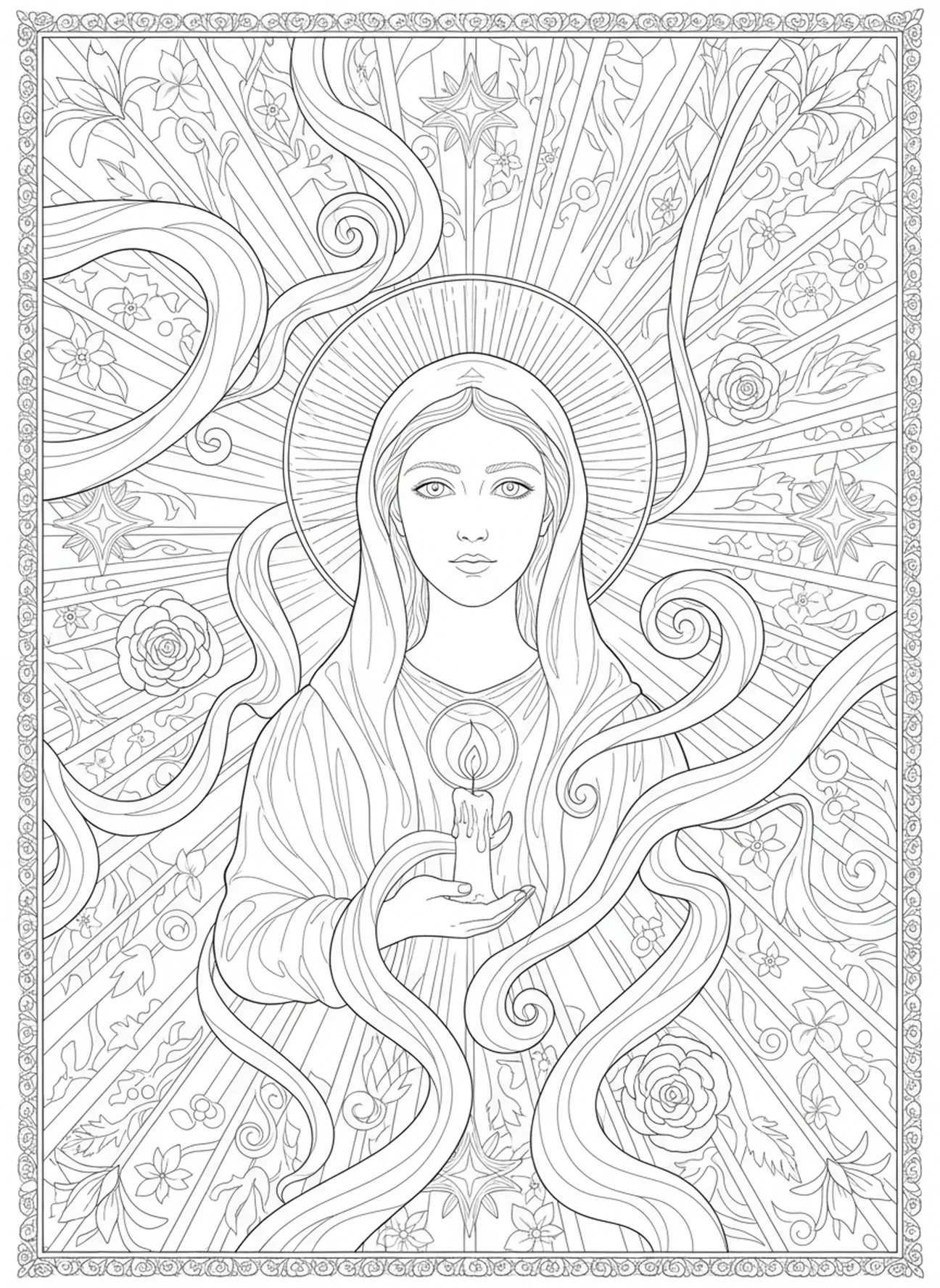 Sainte Lucie tenant une bougie avec des motifs lumineux, page à colorier Sainte Lucie pour le journal biblique pour adultes