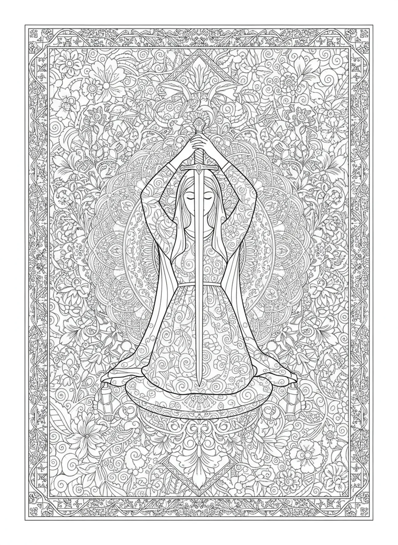 Sainte Lucie à genoux avec une épée, page à colorier Sainte Lucie pour adultes dans le style du journal biblique
