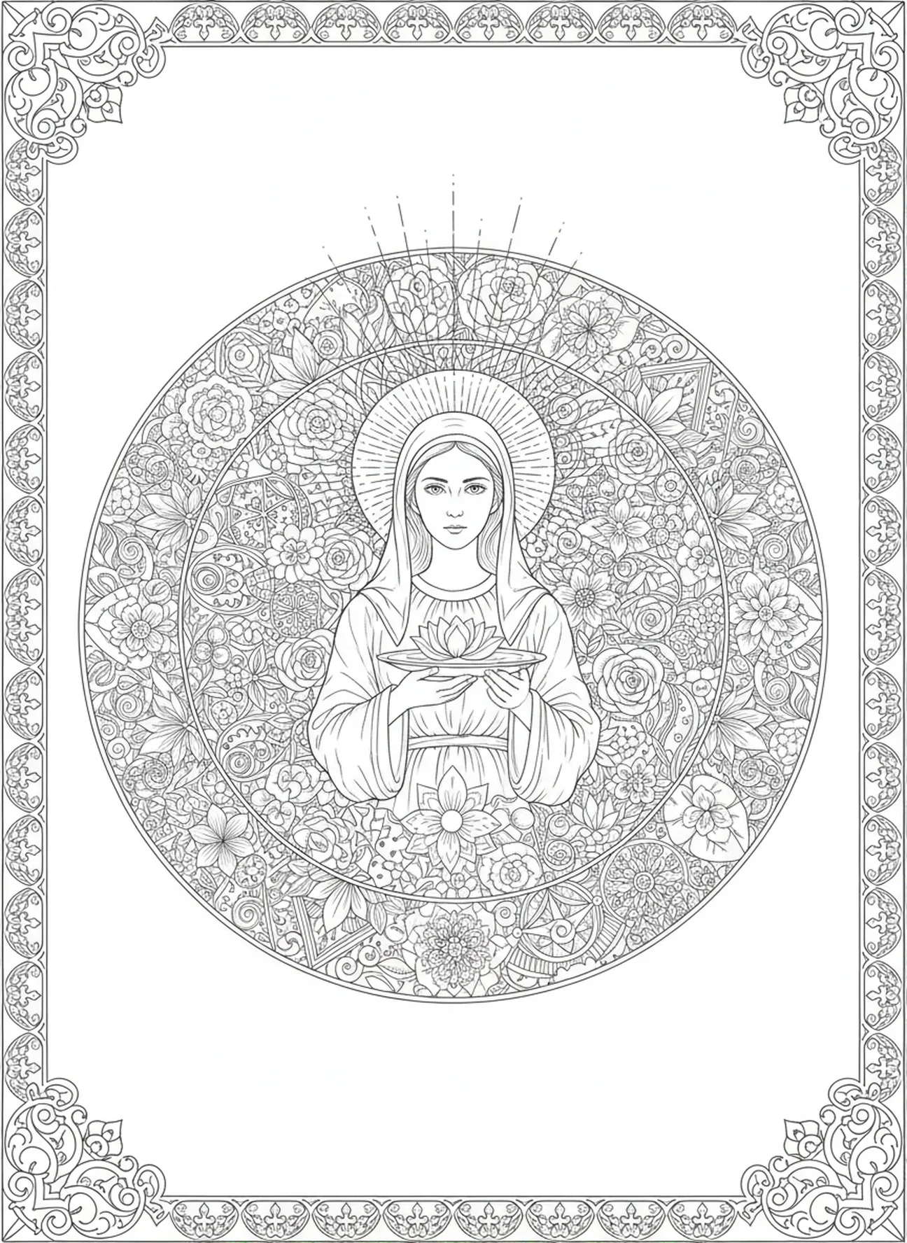 Sainte Lucie entourée de fleurs, page à colorier Sainte Lucie pour adultes dans le style du journal biblique