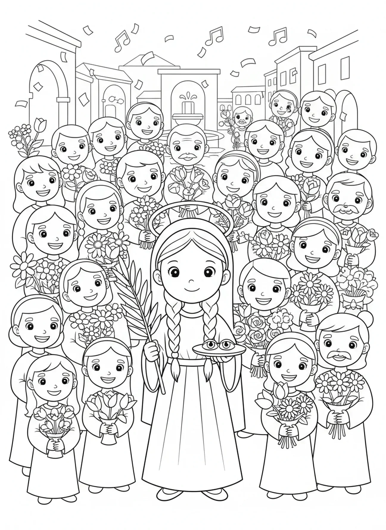 Sainte Lucie entourée d'une foule d'admirateurs, page à colorier Sainte Lucie pour les enfants de 5 à 10 ans