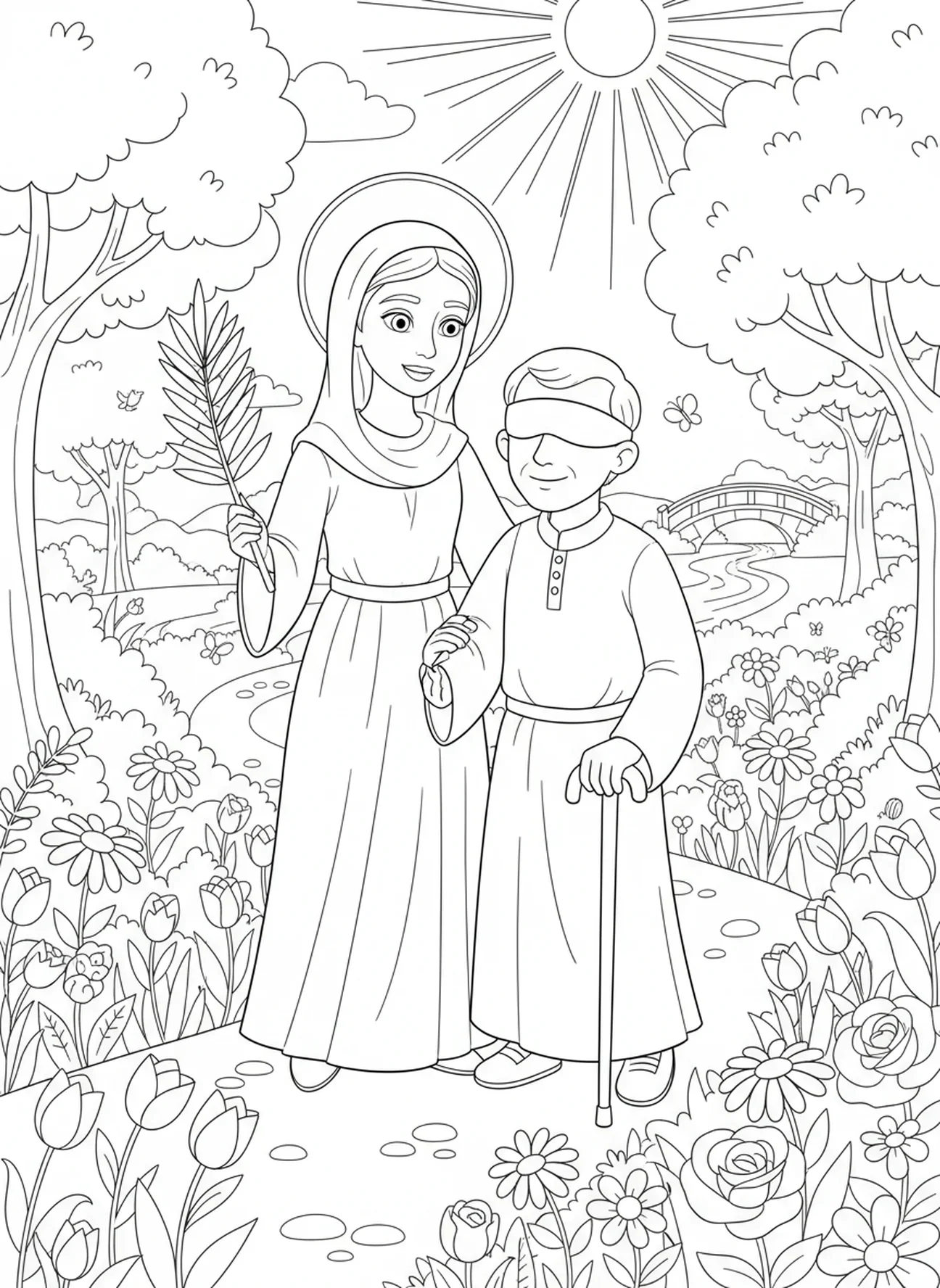 Sainte Lucie guidant un homme aveugle, page à colorier Sainte Lucie pour enfants de 5 à 10 ans
