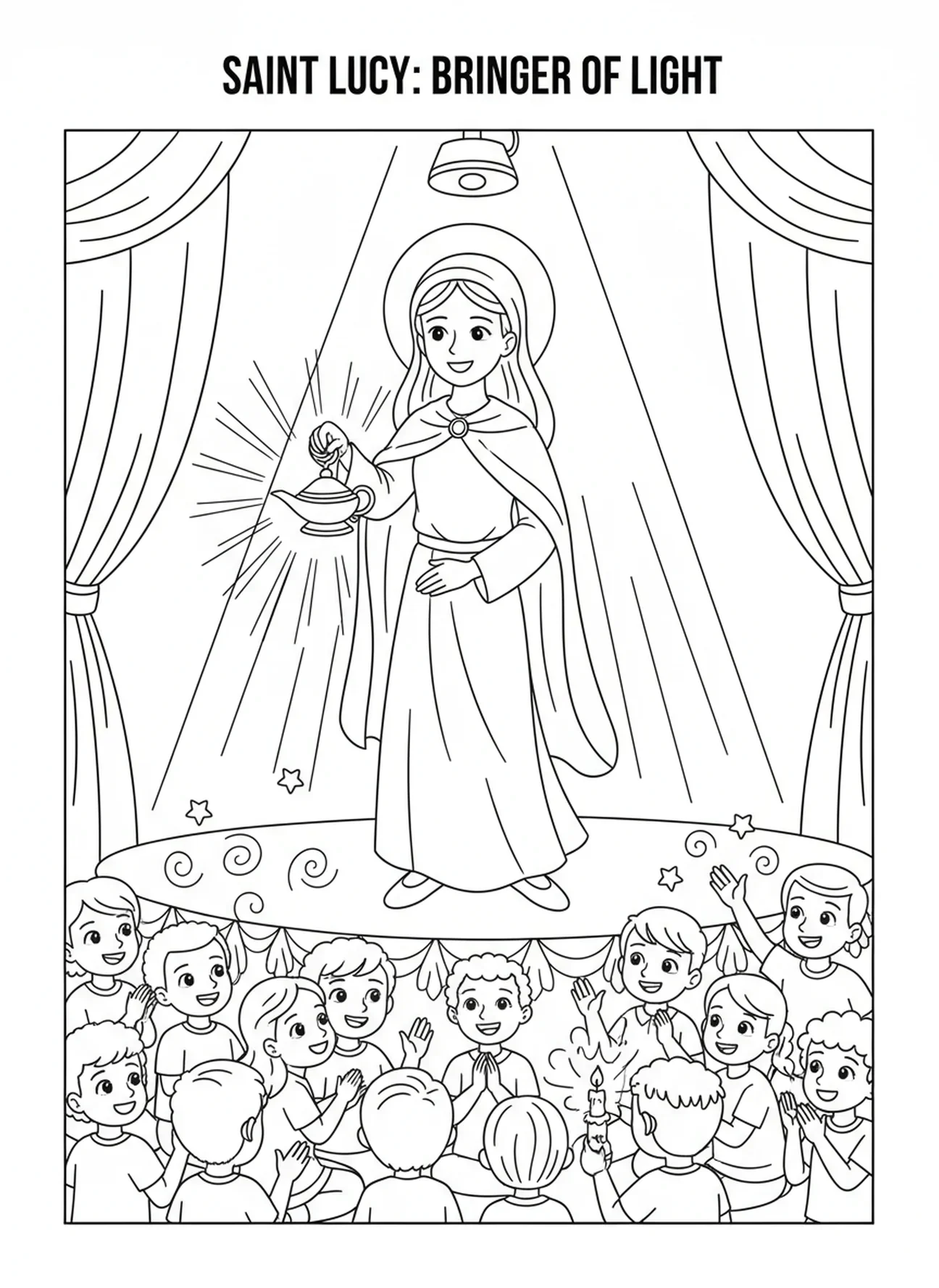 Sainte Lucie sous les projecteurs avec sa lampe, page à colorier Sainte Lucie pour enfants de 5 à 10 ans