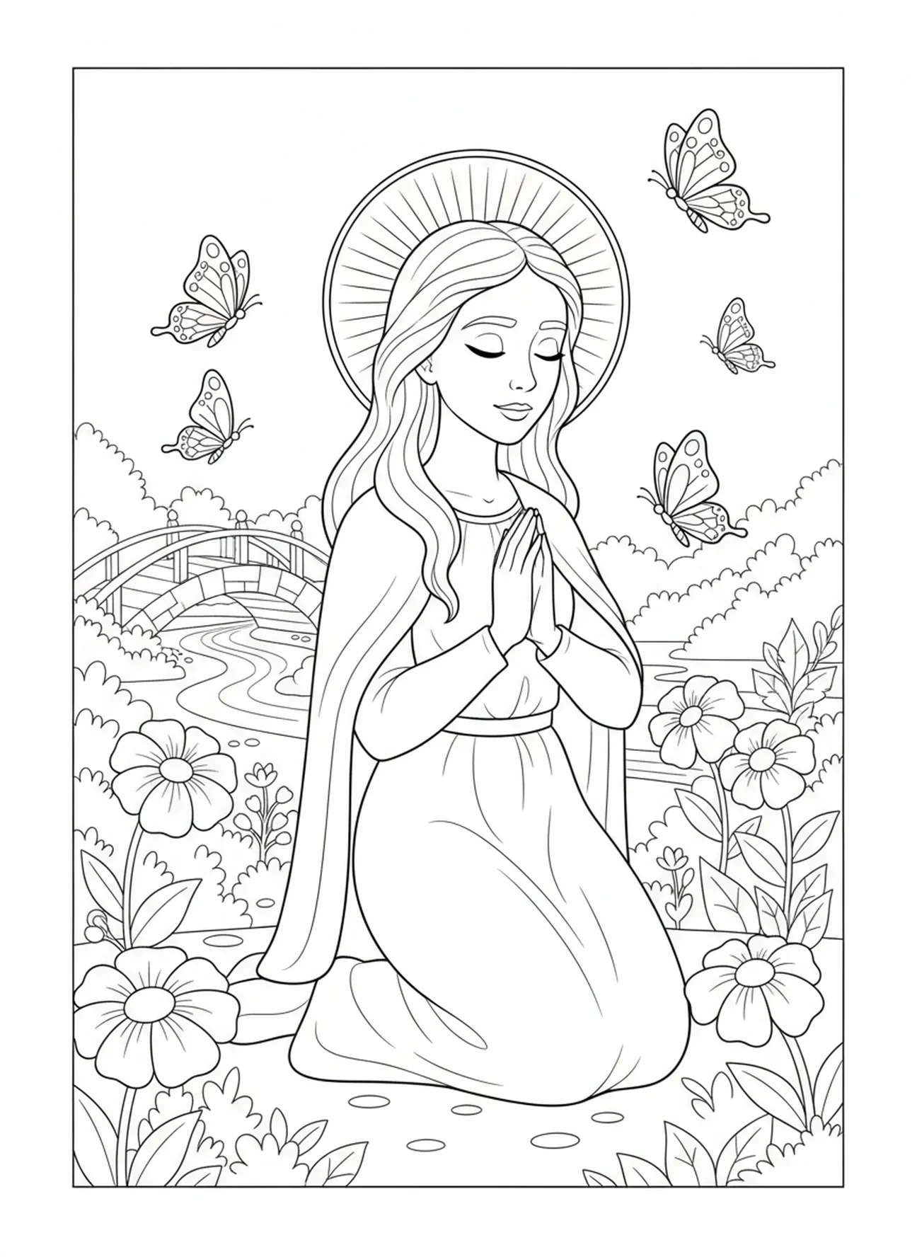 Sainte Lucie priant avec des papillons, page à colorier Sainte Lucie pour enfants de 5 à 10 ans