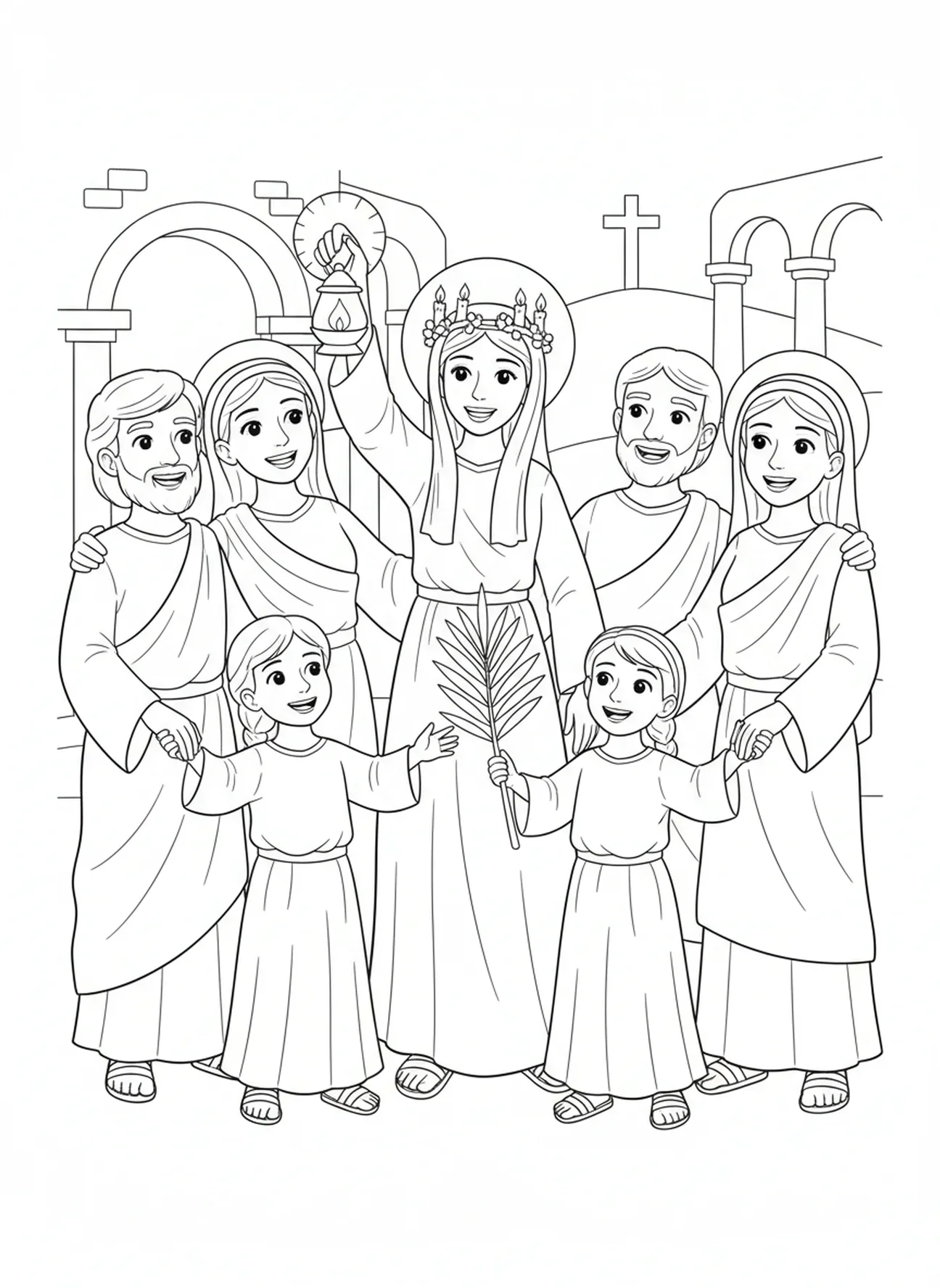 Sainte Lucie avec des chrétiens tenant une lampe, page à colorier Sainte Lucie pour enfants de 5 à 10 ans