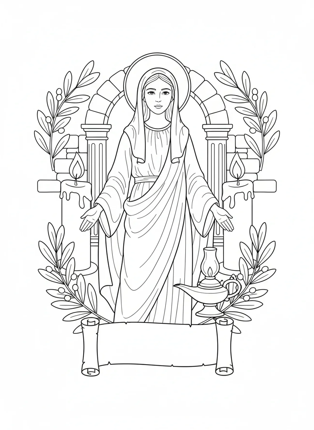 Sint Lucia met halo en symbolen, kleurplaat van Sint Lucia voor Zondagsschoolkinderen van 5-12 jaar.