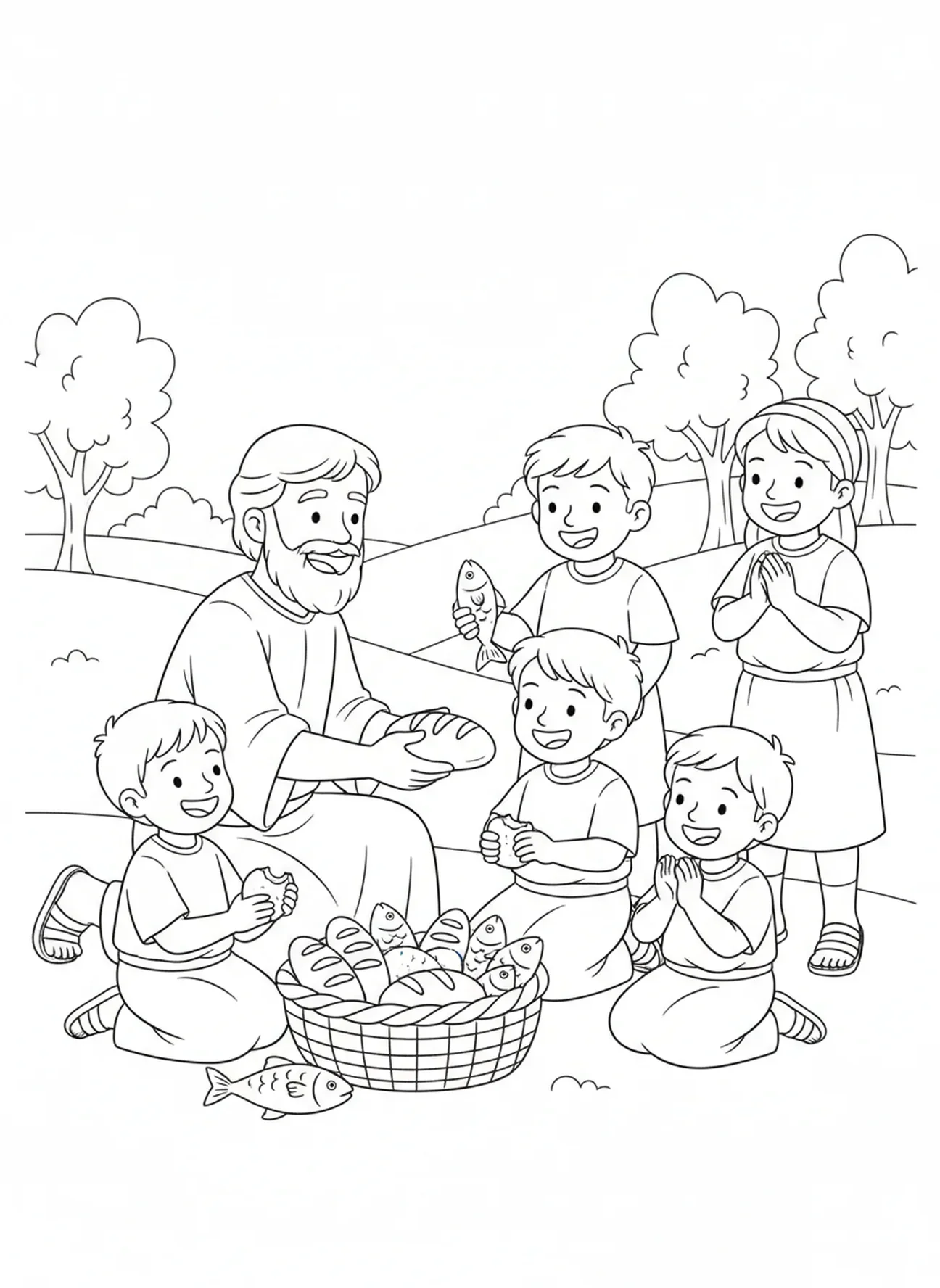 Saint Luc partageant, page à colorier Saint Luc pour enfants de 5 à 10 ans