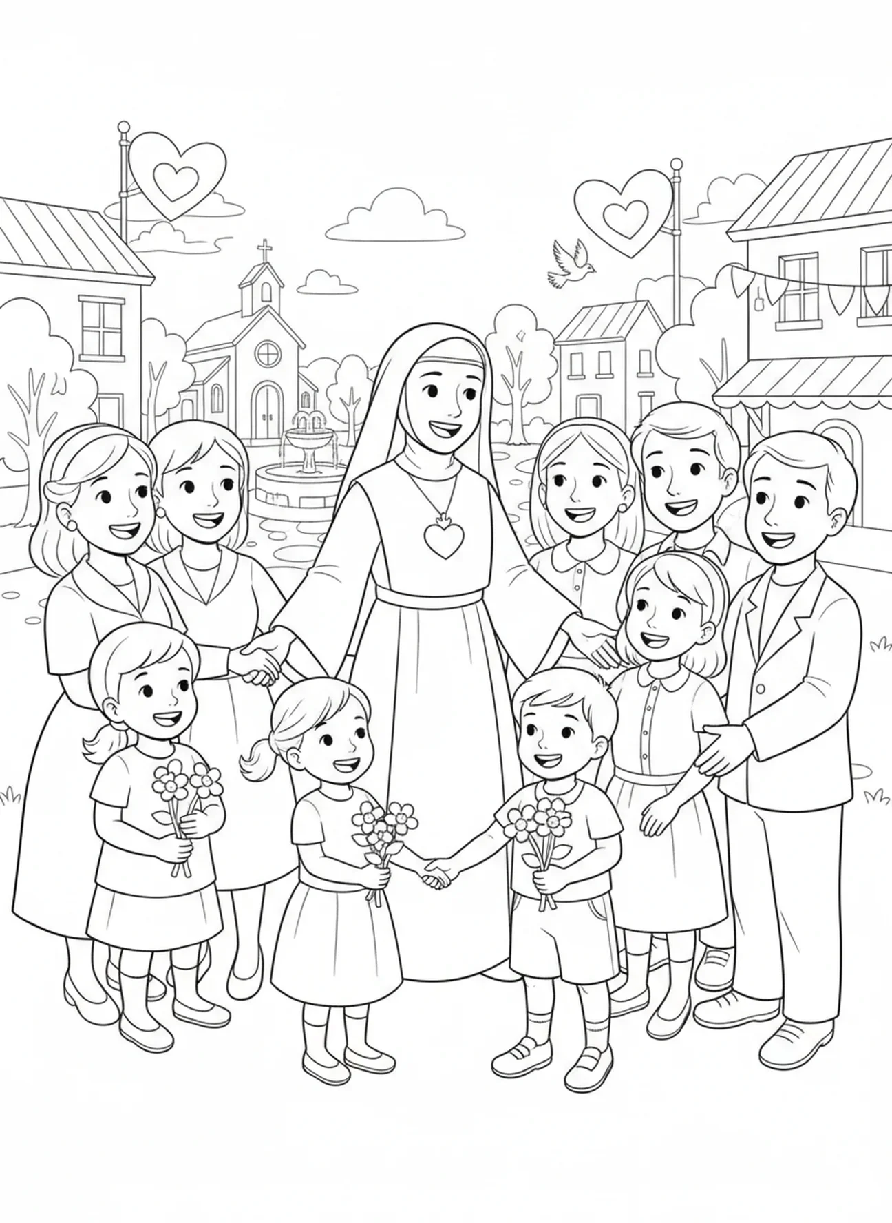 Santa Margarida Maria interagindo com sua comunidade, página para colorir da Santa Margarida Maria para crianças de 5 a 10 anos.