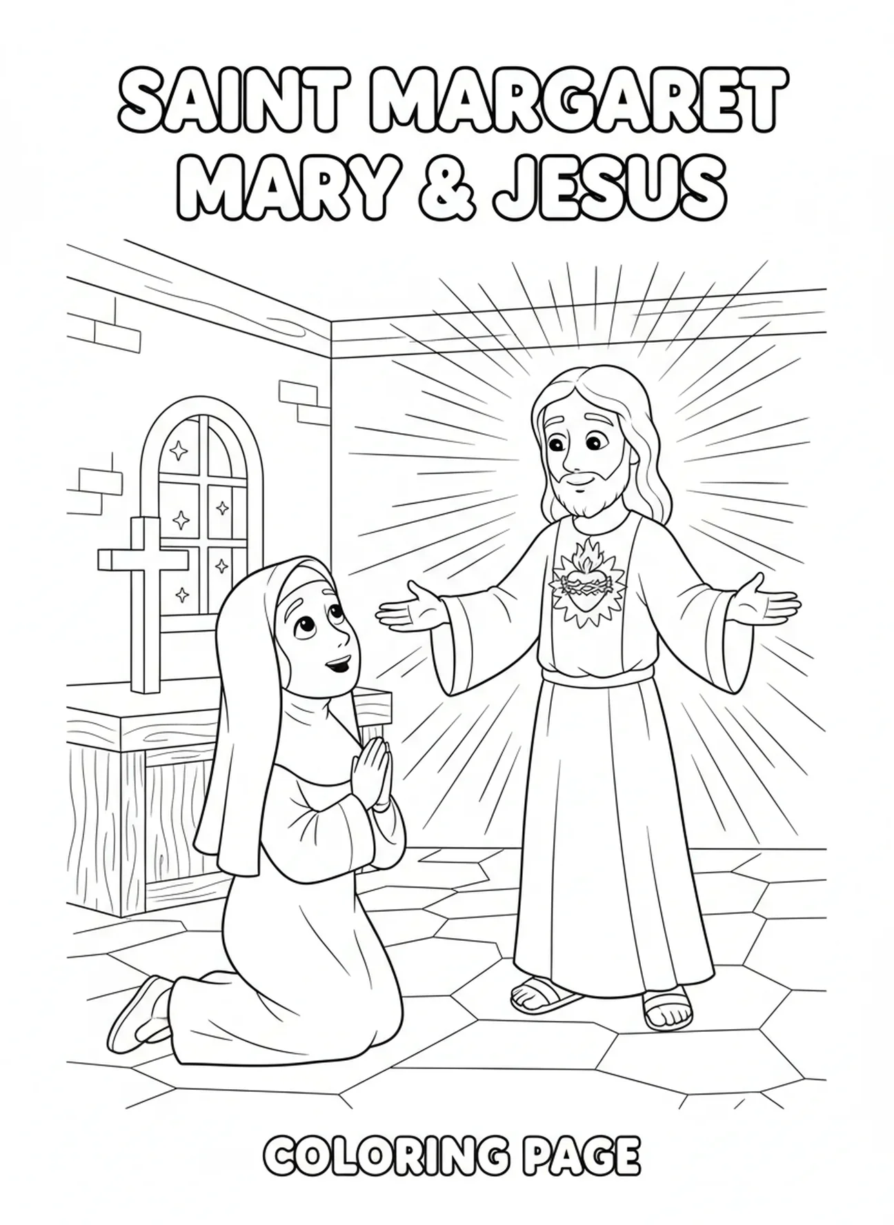 Jesus aparecendo para Santa Margarida Maria, página de colorir de Santa Margarida Maria para crianças de 5 a 10 anos.