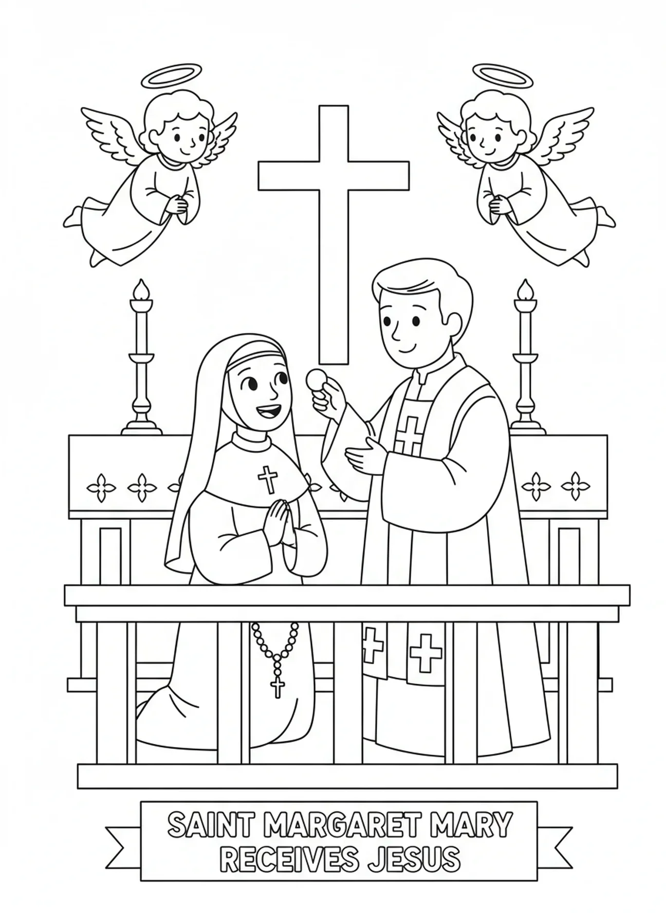 Santa Margarida Maria recebendo a Comunhão no altar, página de colorir da Santa Margarida Maria para crianças de 5 a 10 anos.