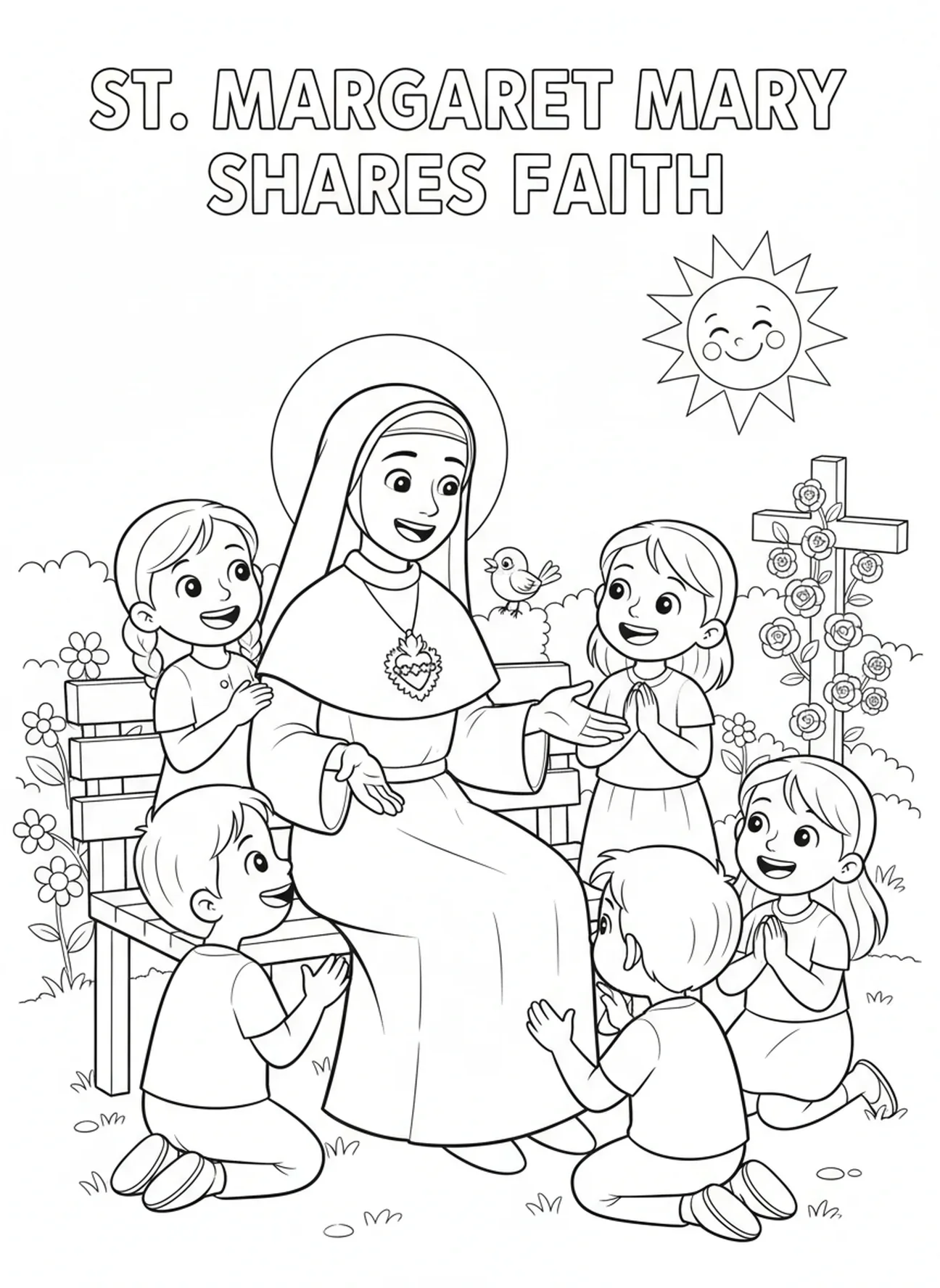 Santa Margarida Maria compartilhando sua fé com crianças, página para colorir de Santa Margarida Maria para crianças de 5 a 10 anos.