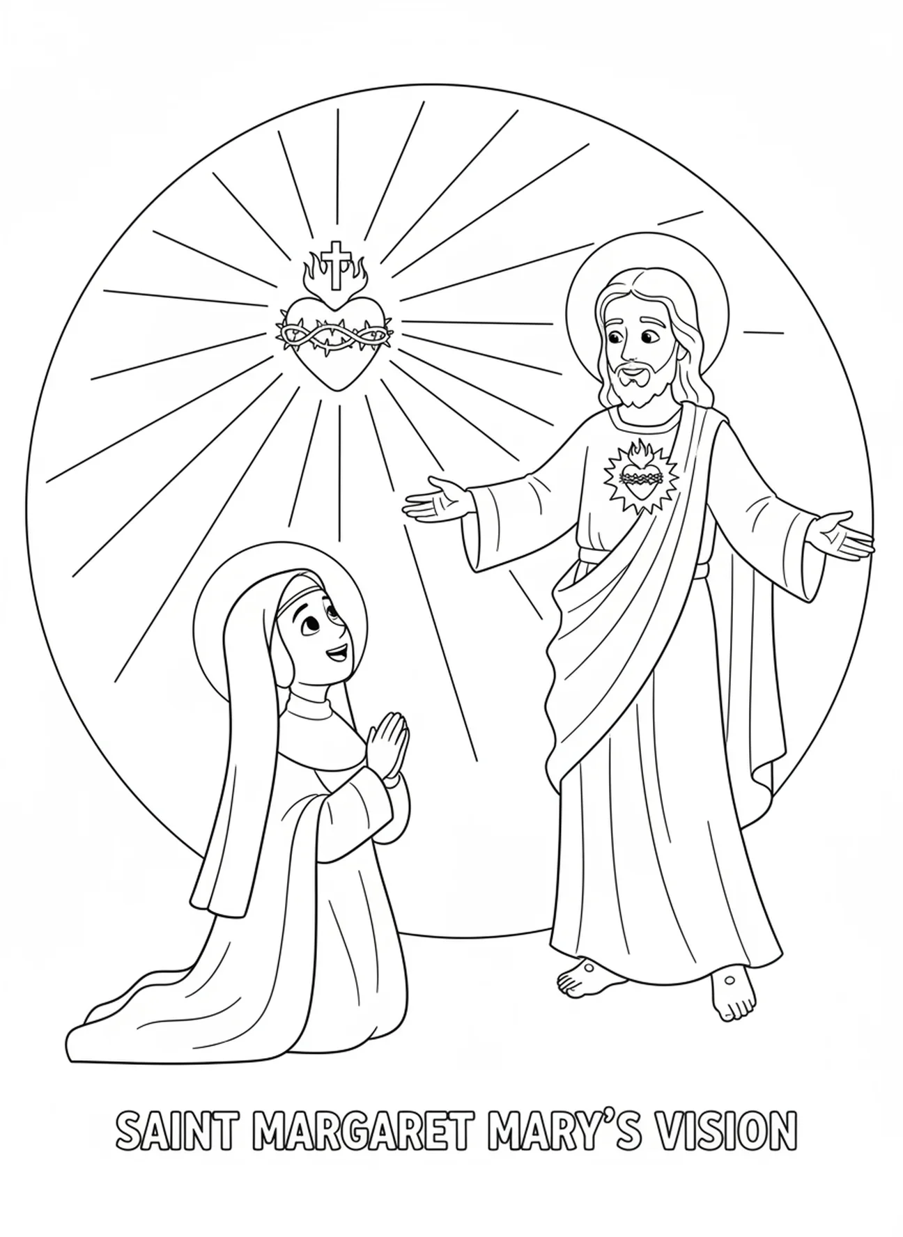 Santa Margarida Maria tendo uma visão de Jesus, página para colorir de Santa Margarida Maria para crianças de 5 a 10 anos.