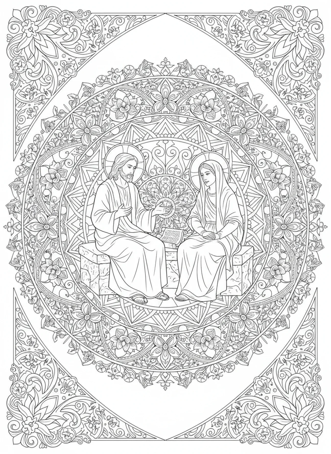 Jesús enseñando a Santa Marta sobre la fe, página para colorear de Santa Marta en estilo de journaling bíblico para adultos.