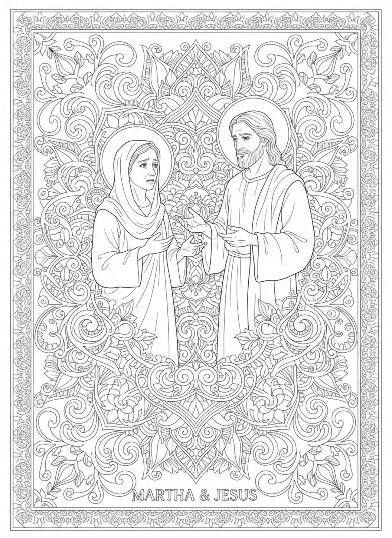 Santa Marta luciendo preocupada hablando con Jesús, página para colorear de Santa Marta para adultos en estilo de journaling bíblico.