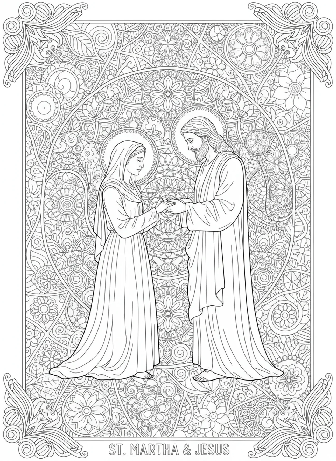 Marta despidiéndose de Jesús, página para colorear de Santa Marta en estilo de journaling bíblico para adultos.