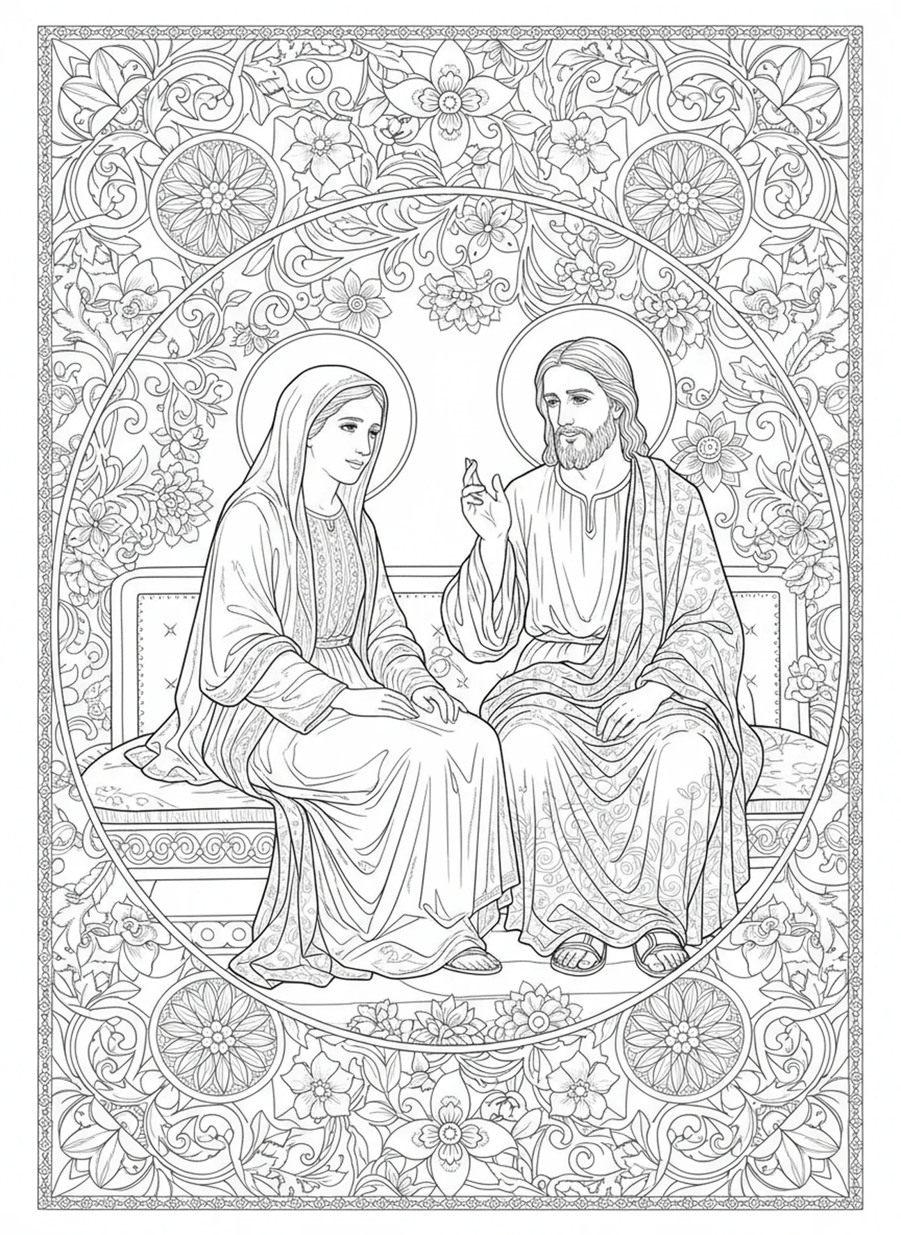 Santa Marta escuchando atentamente a Jesús, página para colorear de Santa Marta para adultos en estilo de journaling bíblico.