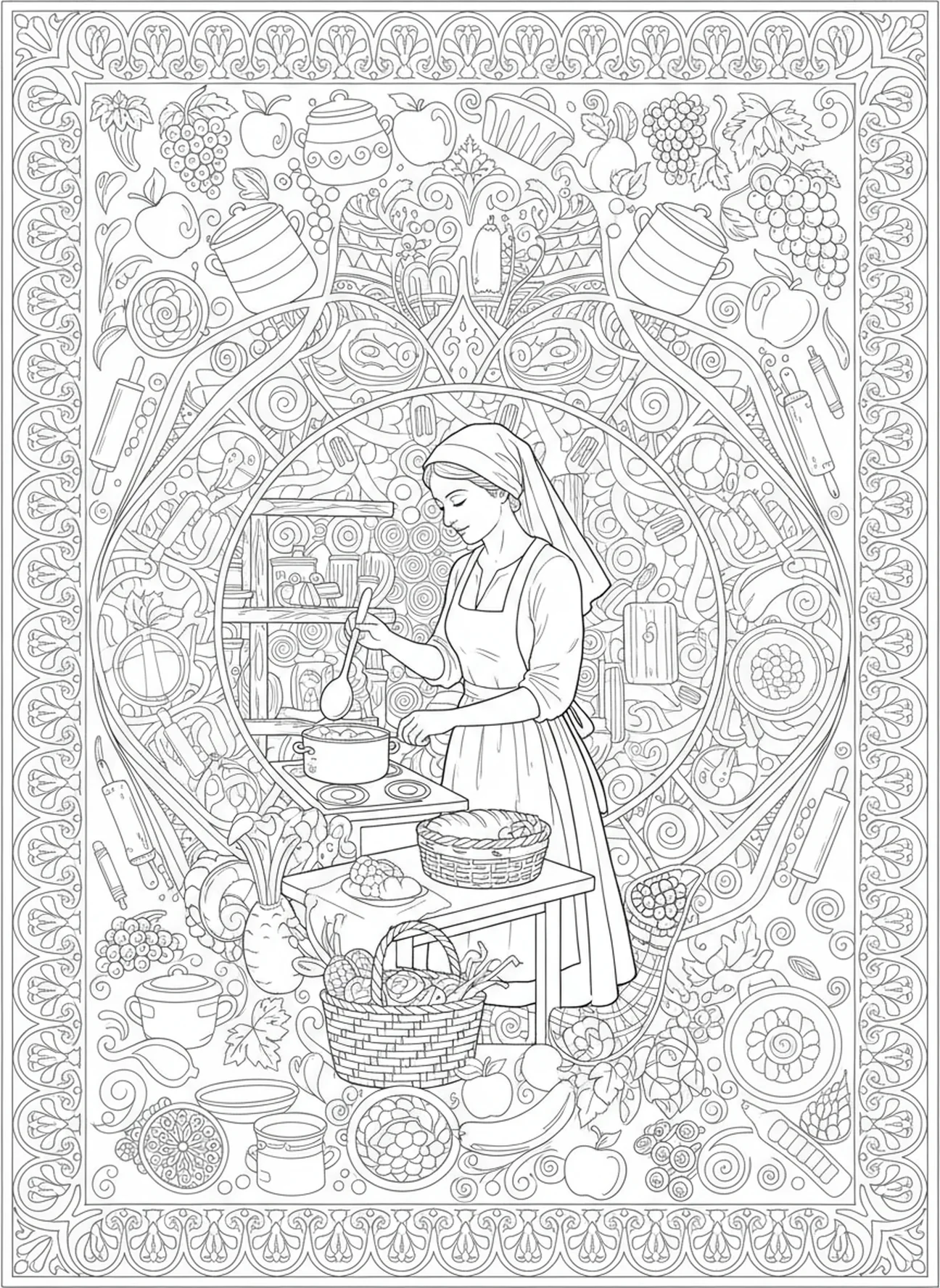 Santa Marta preparando comida en la cocina, página para colorear de Santa Marta para adultos en estilo de journaling bíblico.