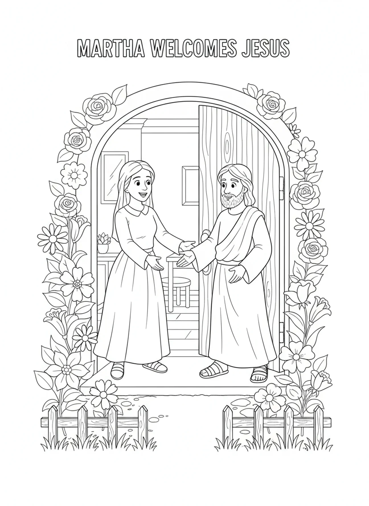 Martha accueillant Jésus, page à colorier de Sainte Marthe pour les enfants de 5 à 10 ans.