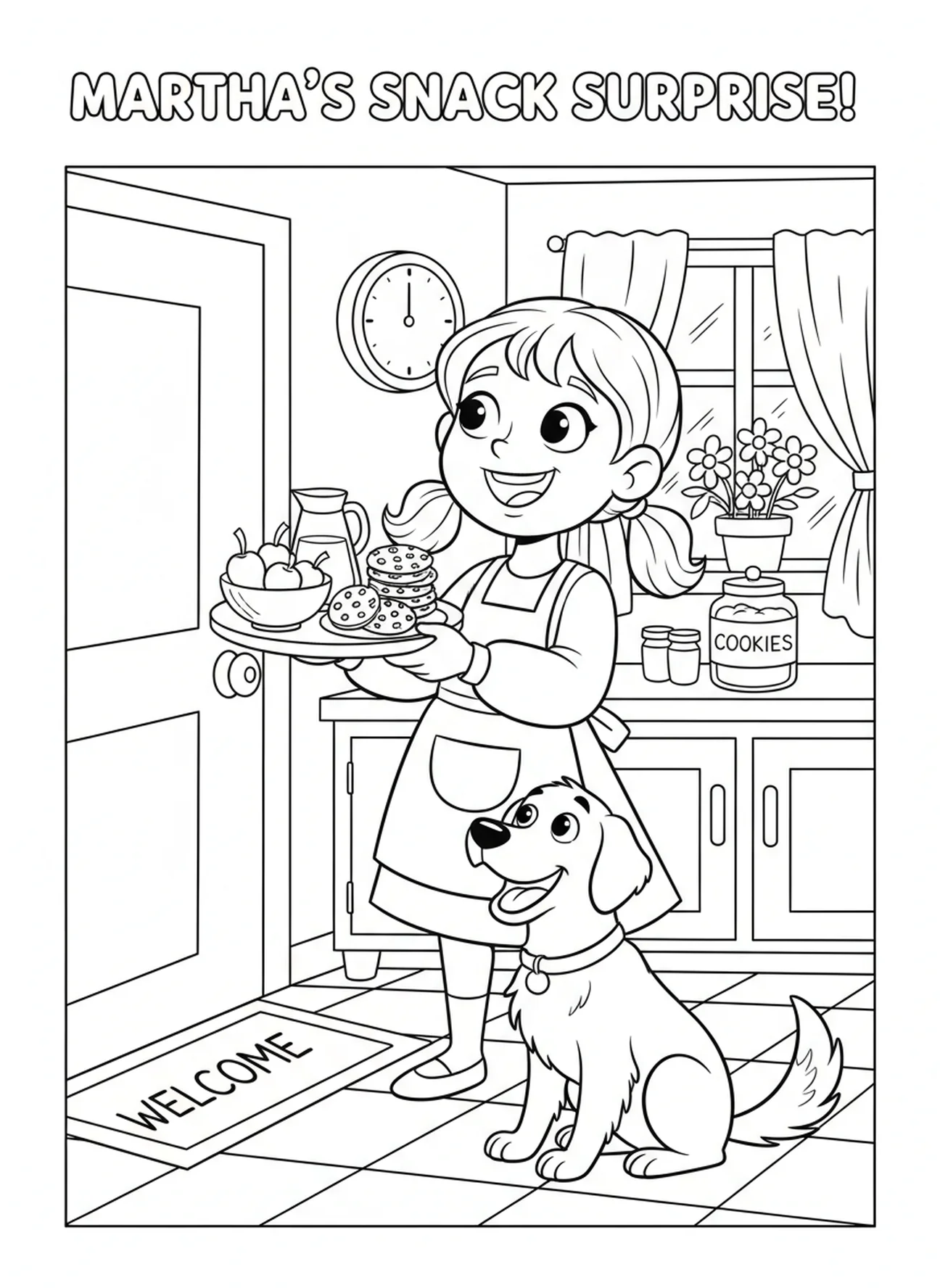 Martha se préparant à accueillir un invité, page à colorier de Sainte Marthe pour les enfants de 5 à 10 ans.