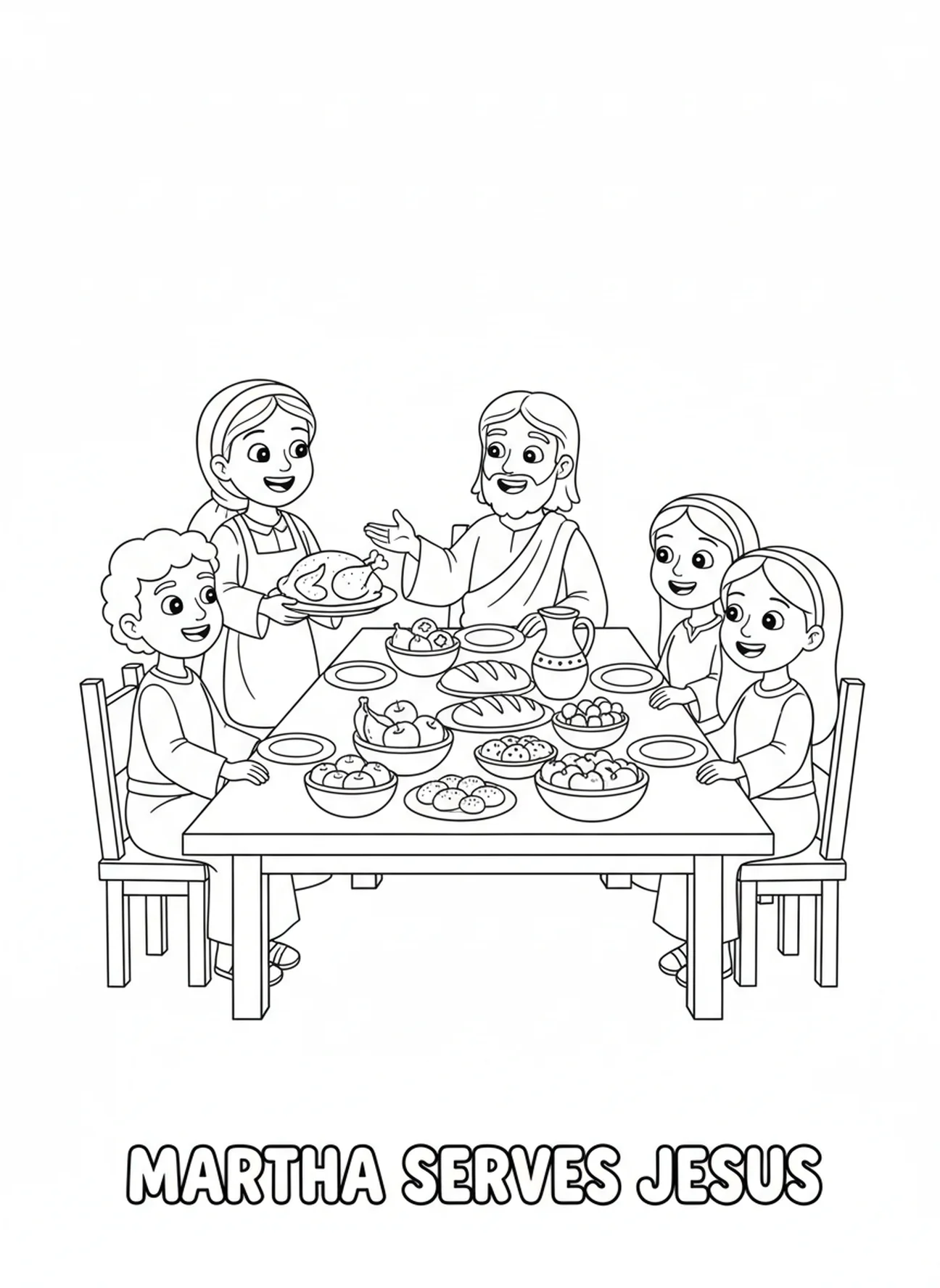 Martha servant un repas, page à colorier de Sainte Marthe pour les enfants de 5 à 10 ans.