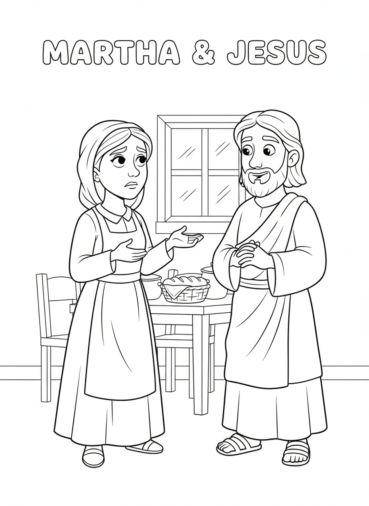 Martha parlant à Jésus, page à colorier de Sainte Marthe pour les enfants de 5 à 10 ans.