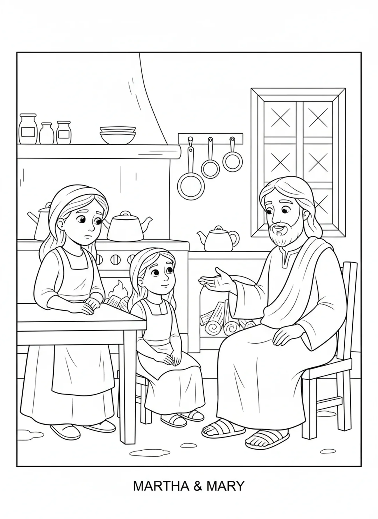 Martha observant Marie, page à colorier de Sainte Marthe pour enfants de 5 à 10 ans.