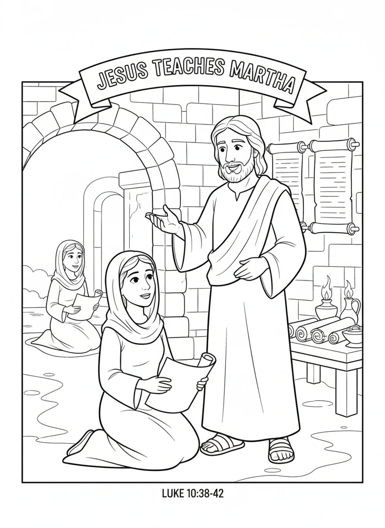 Jésus enseignant à Marthe, page à colorier de Sainte Marthe pour les enfants de l'École du dimanche âgés de 5 à 12 ans