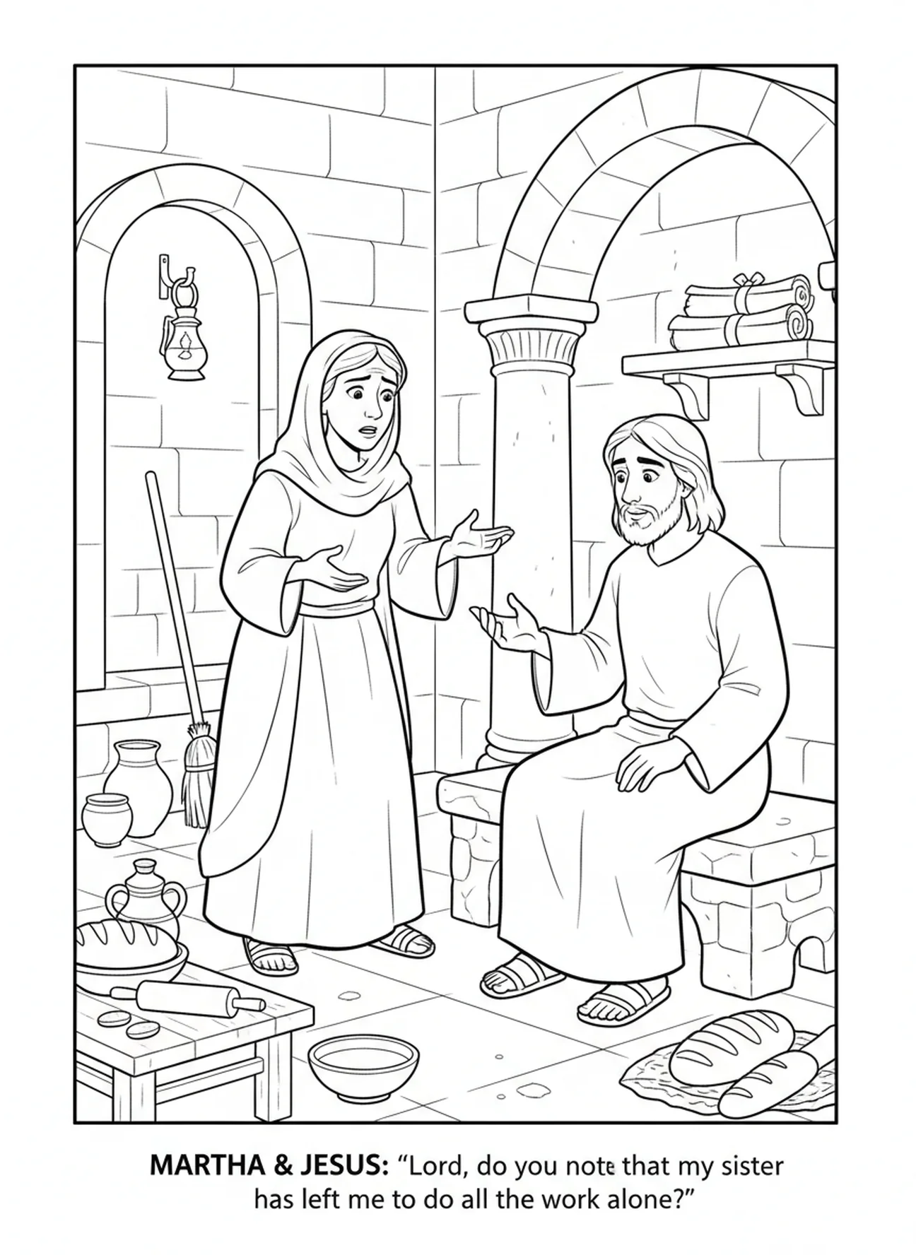 Martha préoccupée, page à colorier de Sainte Marthe pour les enfants de l'École du dimanche âgés de 5 à 12 ans