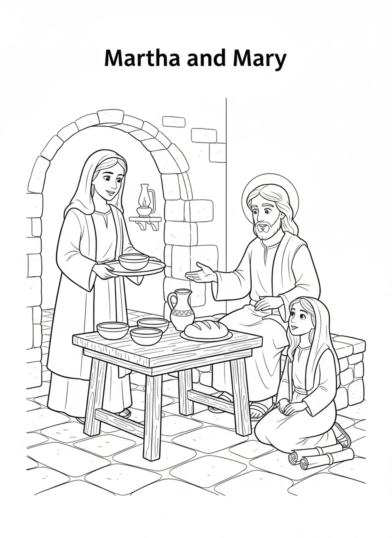 Martha servant de la nourriture, page à colorier de Sainte Marthe pour les enfants de l'École du dimanche âgés de 5 à 12 ans