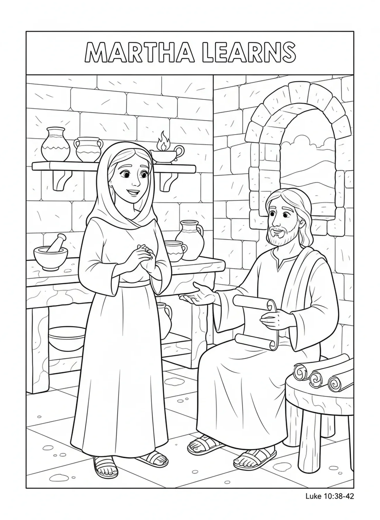 Martha comprenant Jésus, page à colorier de Sainte Marthe pour les enfants de l'École du dimanche âgés de 5 à 12 ans