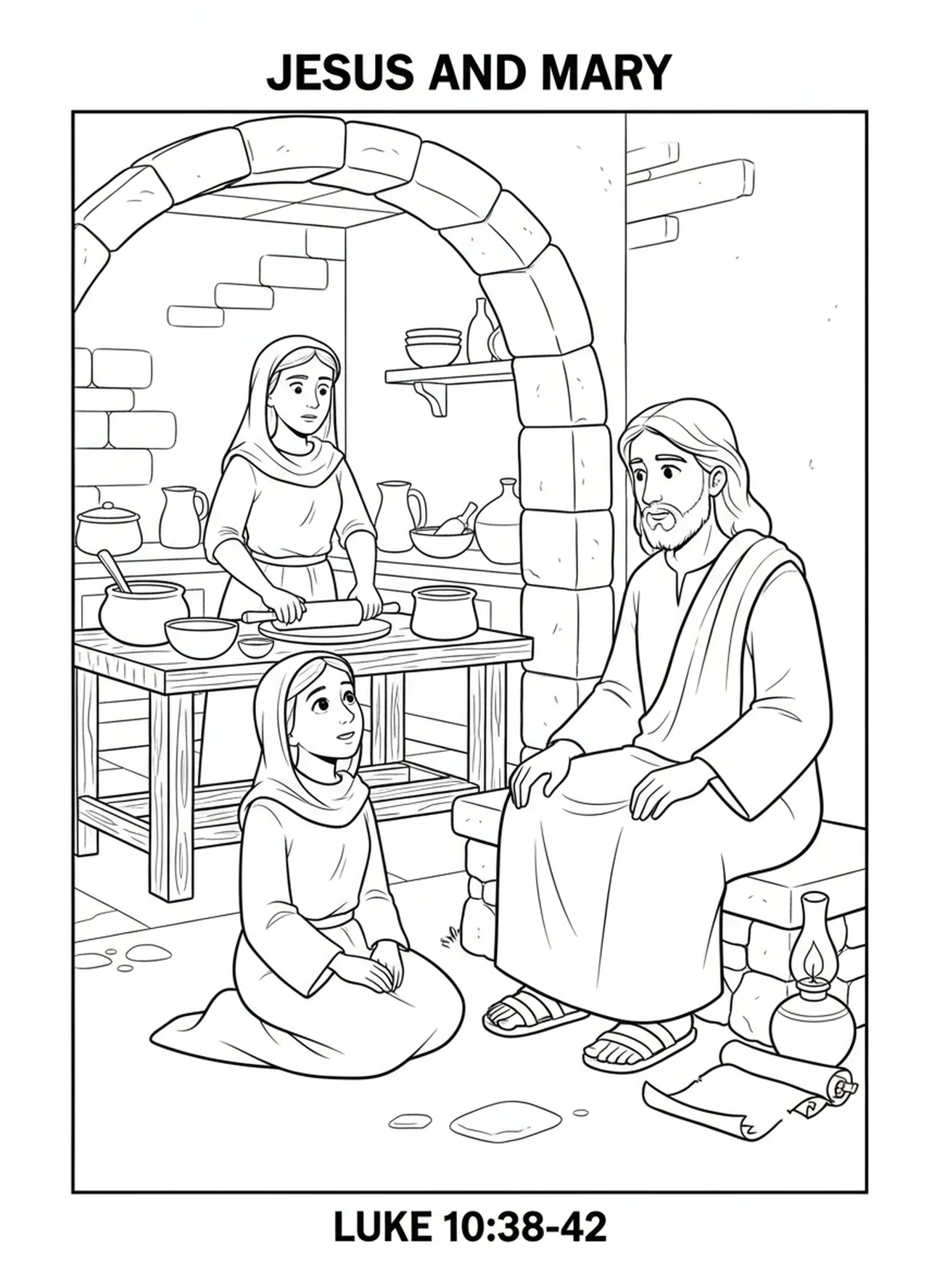 Marie écoutant Jésus, page à colorier de Sainte Marthe pour les enfants de l'École du dimanche âgés de 5 à 12 ans