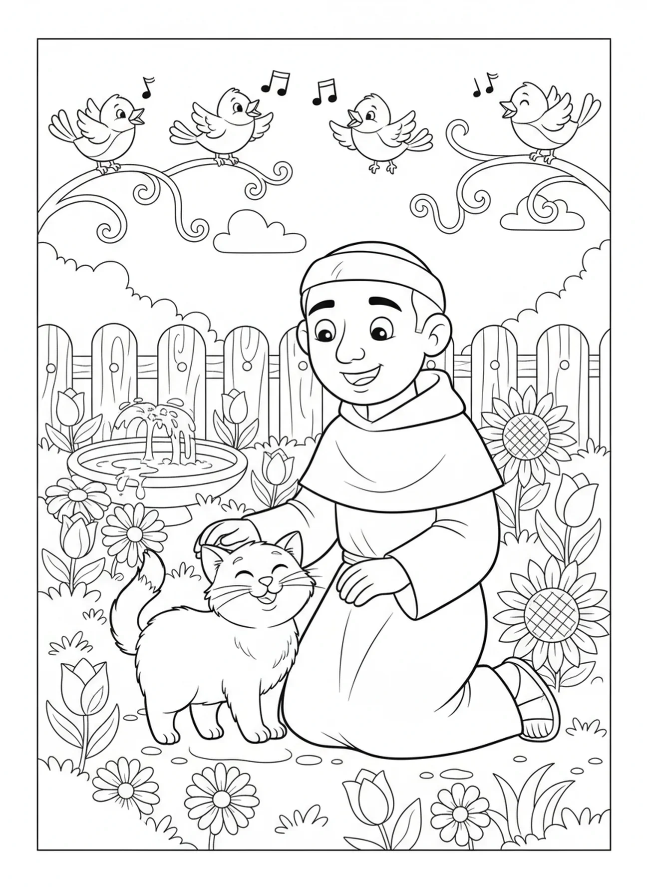 São Martinho de Porres acariciando um gato, página para colorir de São Martinho de Porres para crianças de 5 a 10 anos