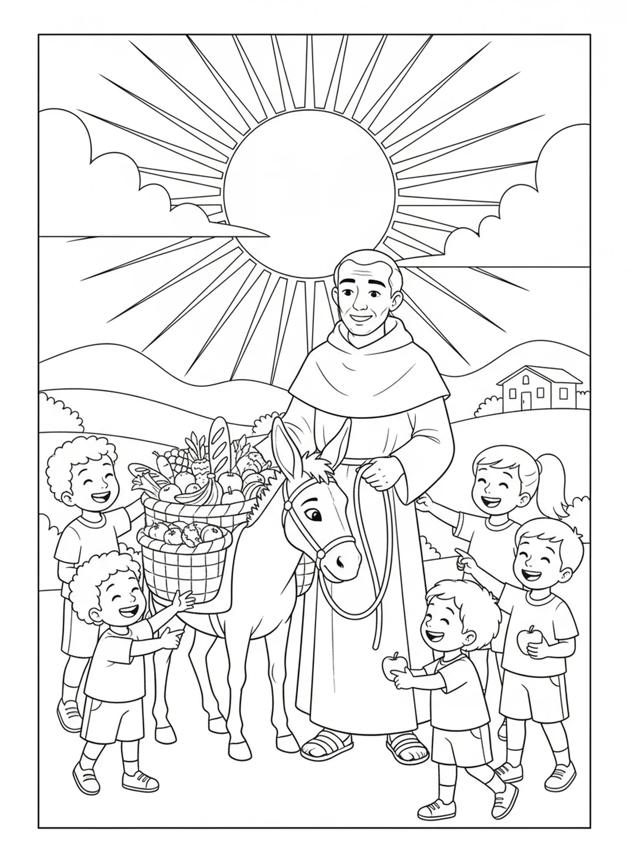 São Martinho de Porres guiando um burro, página de colorir de São Martinho de Porres para crianças de 5 a 10 anos