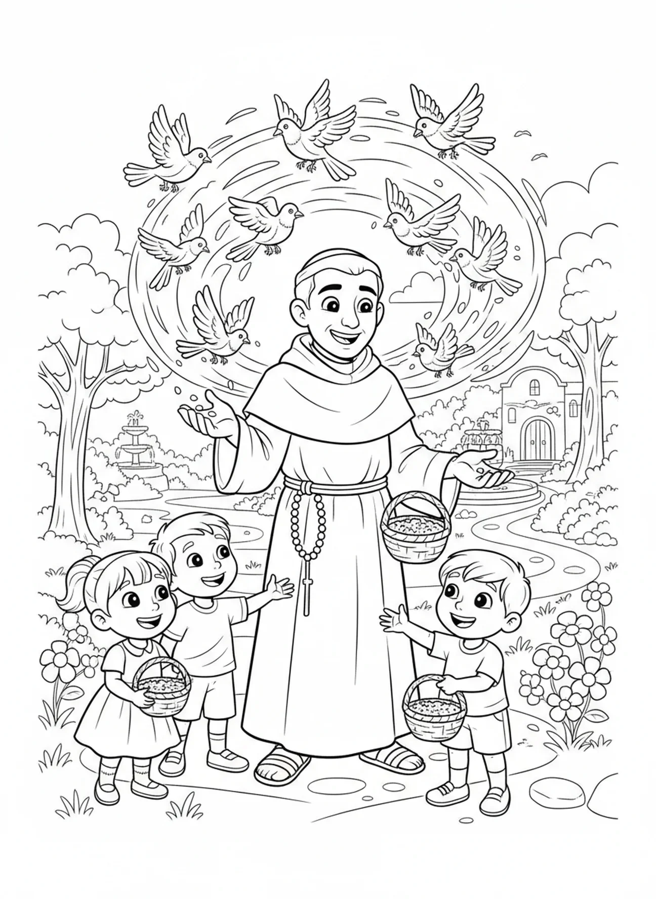 São Martinho de Porres alimentando pássaros, página para colorir de São Martinho de Porres para crianças de 5 a 10 anos