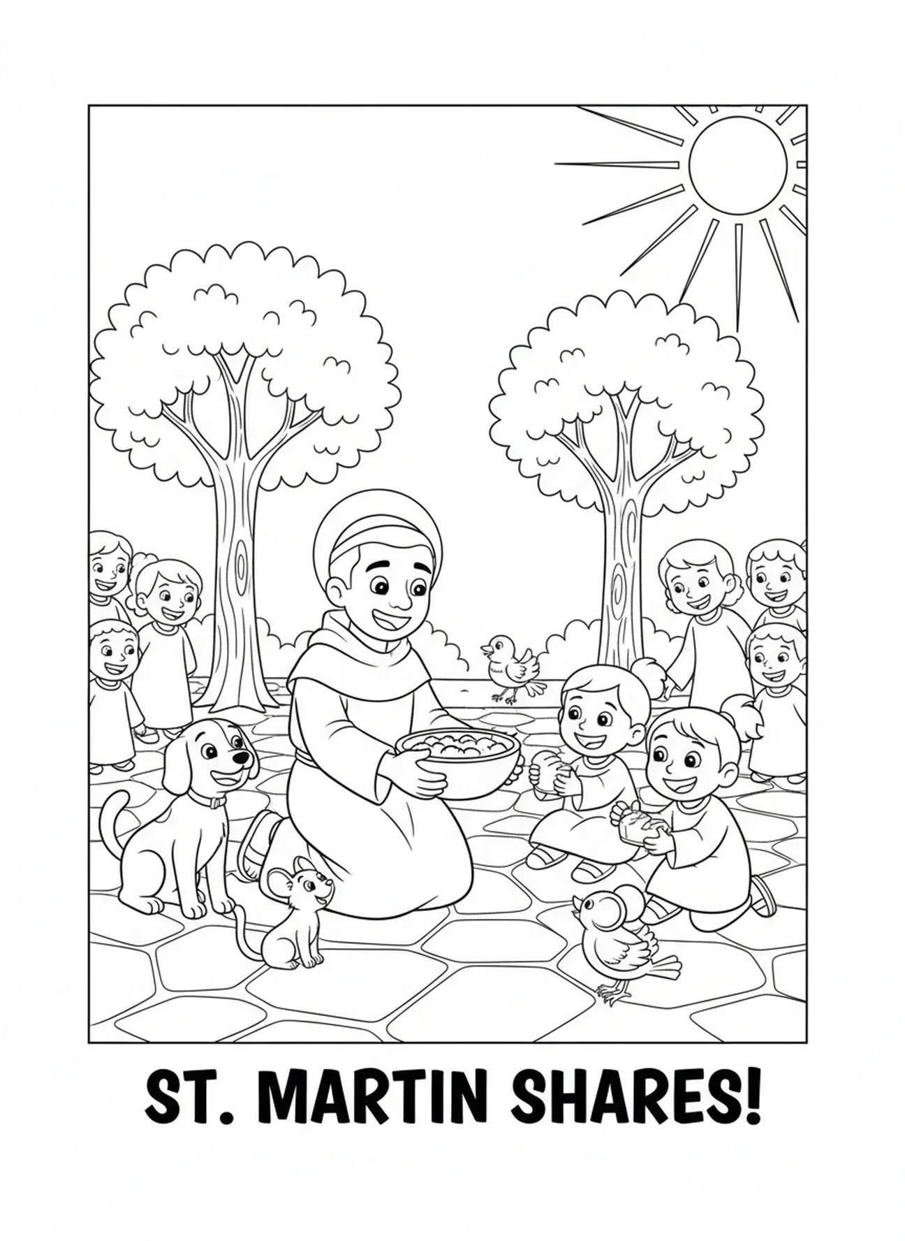 São Martinho de Porres compartilhando comida, página para colorir do São Martinho de Porres para crianças de 5 a 10 anos