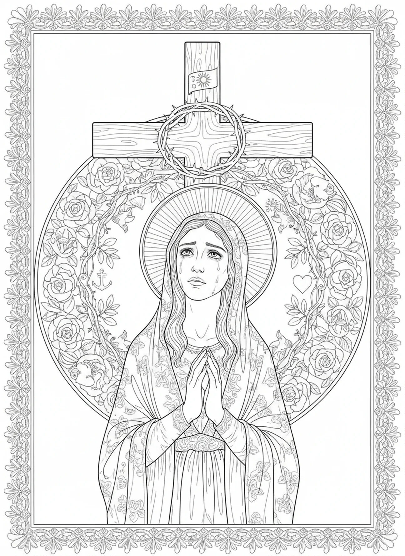 María al pie de la cruz, página para colorear de Santa María Magdalena en estilo de journaling bíblico para adultos.